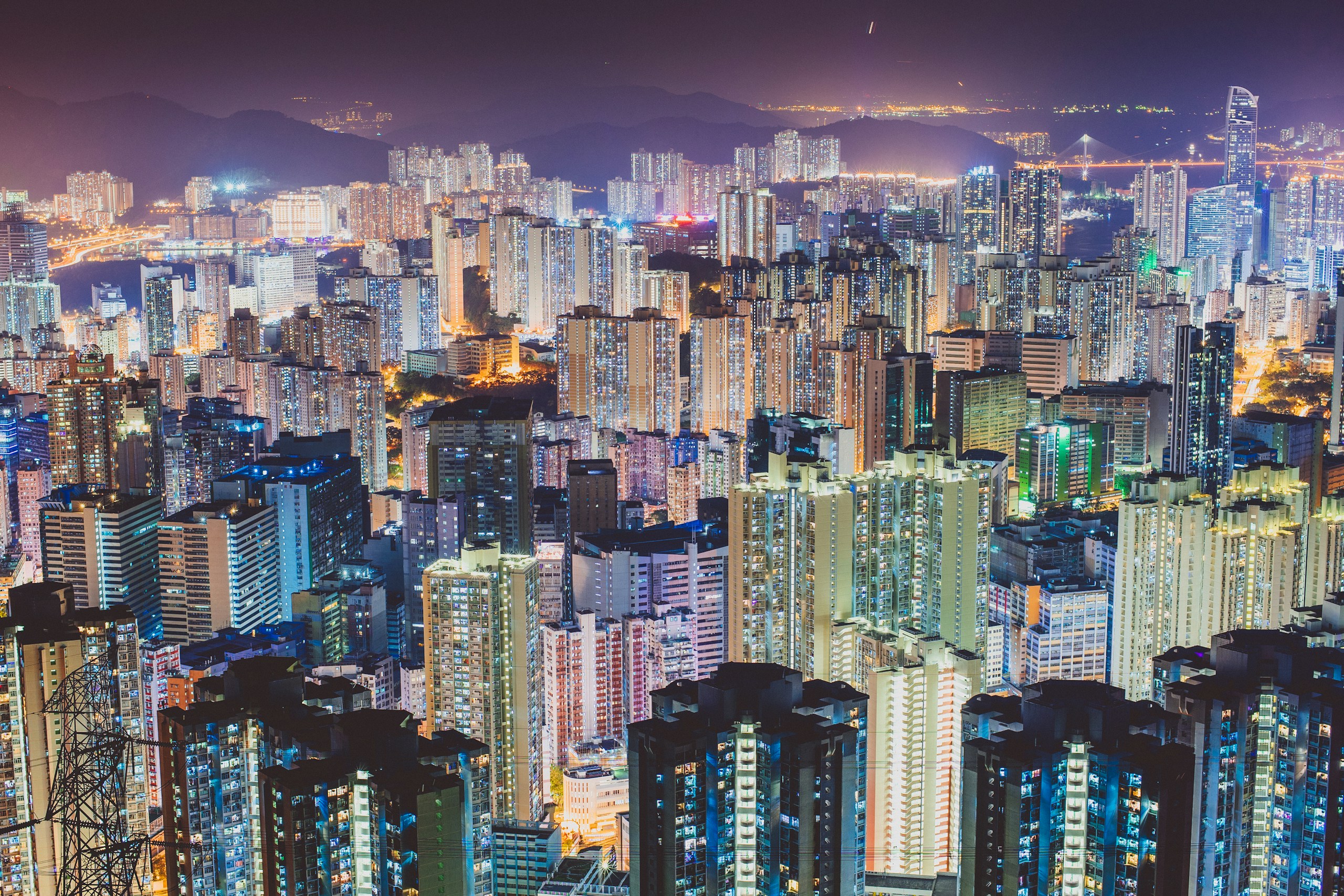 Dense High-Rise Skyscrapers in Hong Kong at Night HD Wallpaper