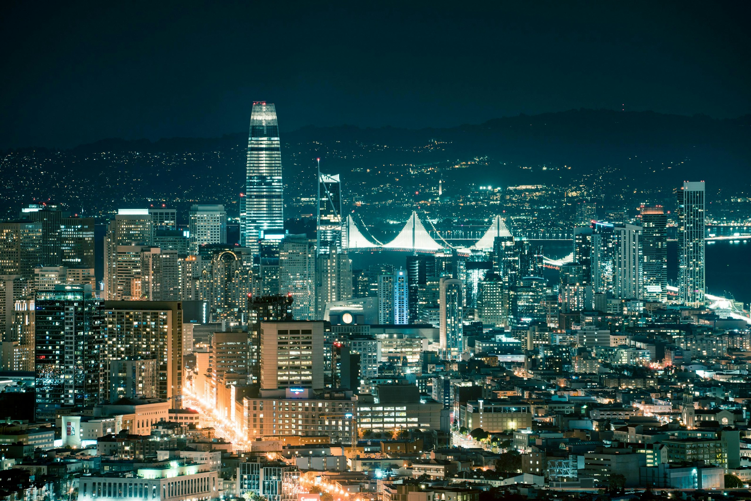 San Francisco Skyline and Bay Bridge at Night HD Wallpaper