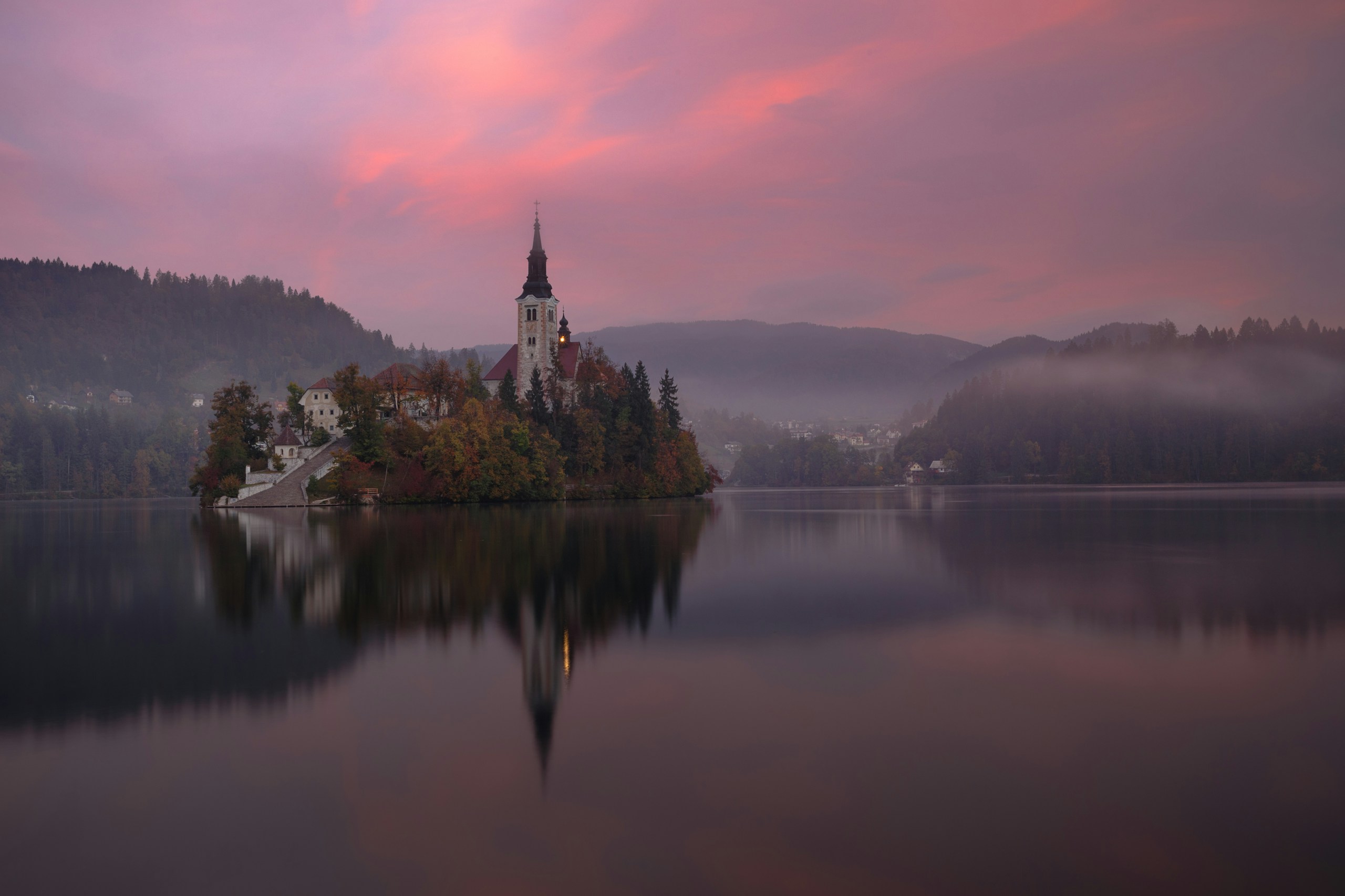Foggy sunset over Lake Bled and its island church HD Wallpaper