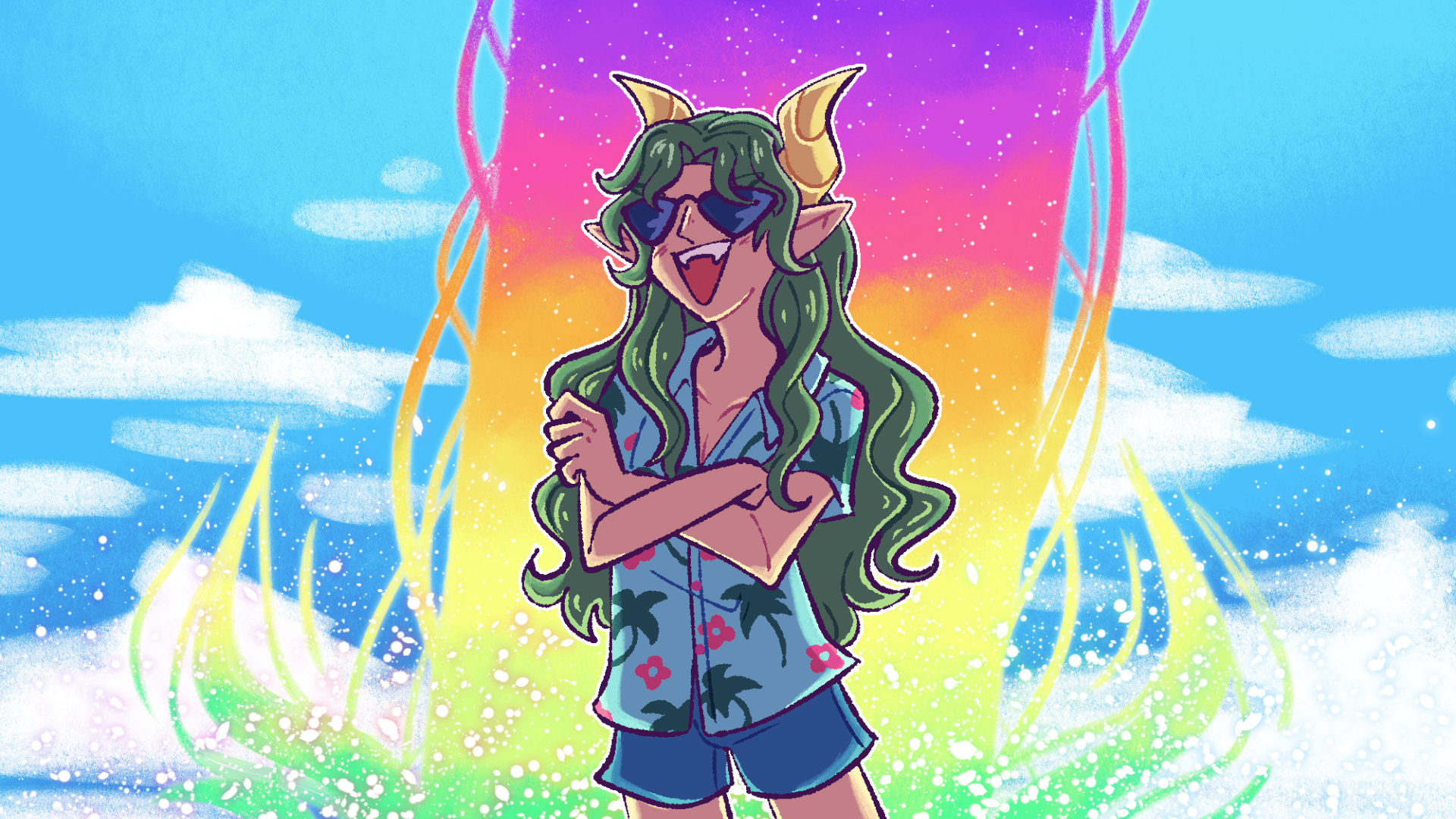 Satan from Puyo Puyo Sun in a Hawaiian shirt HD Wallpaper