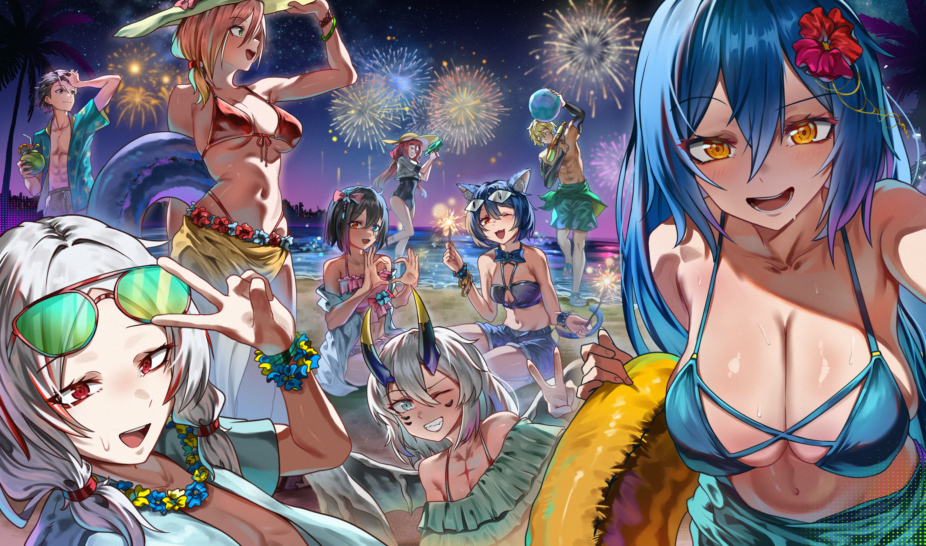 Anime Characters Celebrating Summer Night on the Beach with Fireworks HD Wallpaper