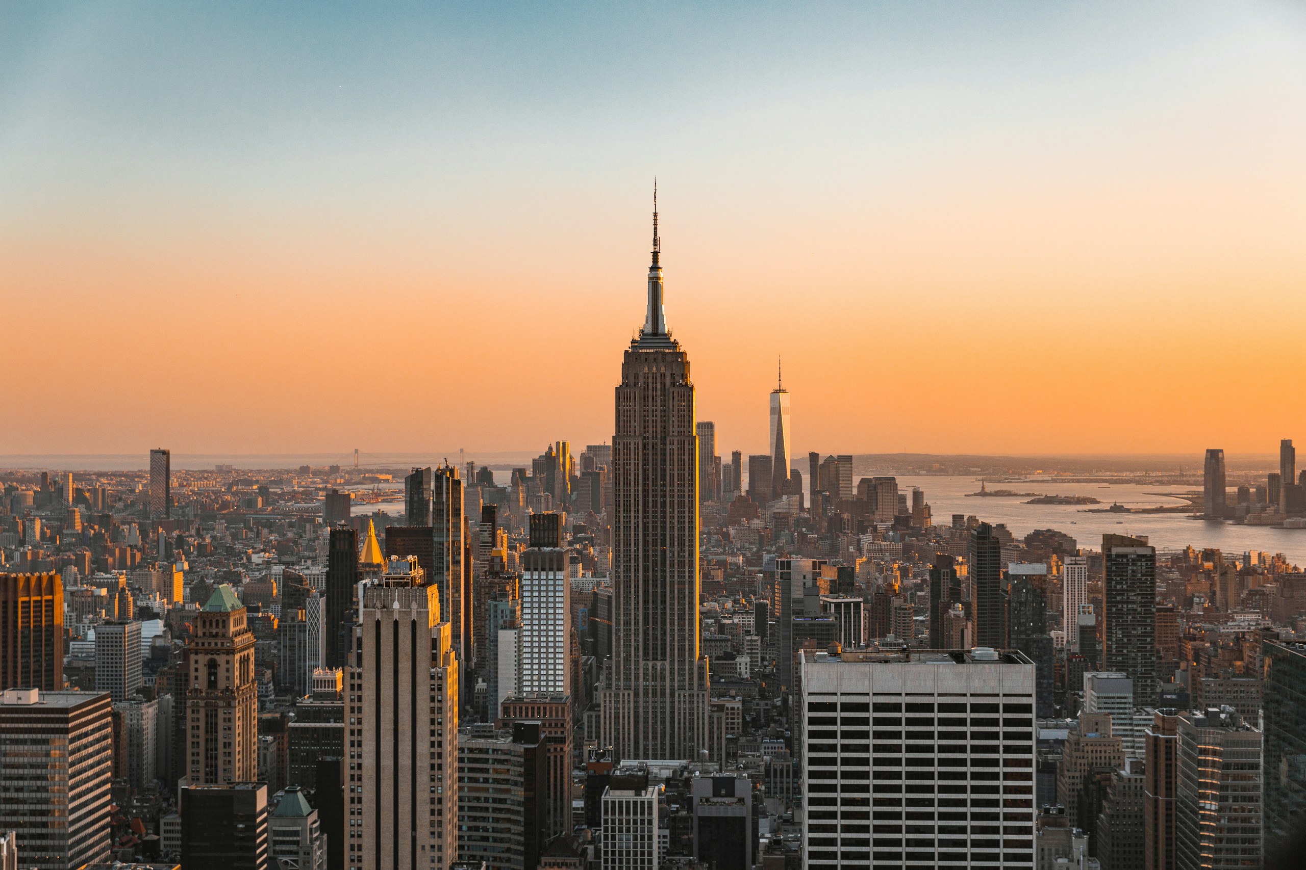 New York City Skyline with Empire State Building at Sunset HD Wallpaper