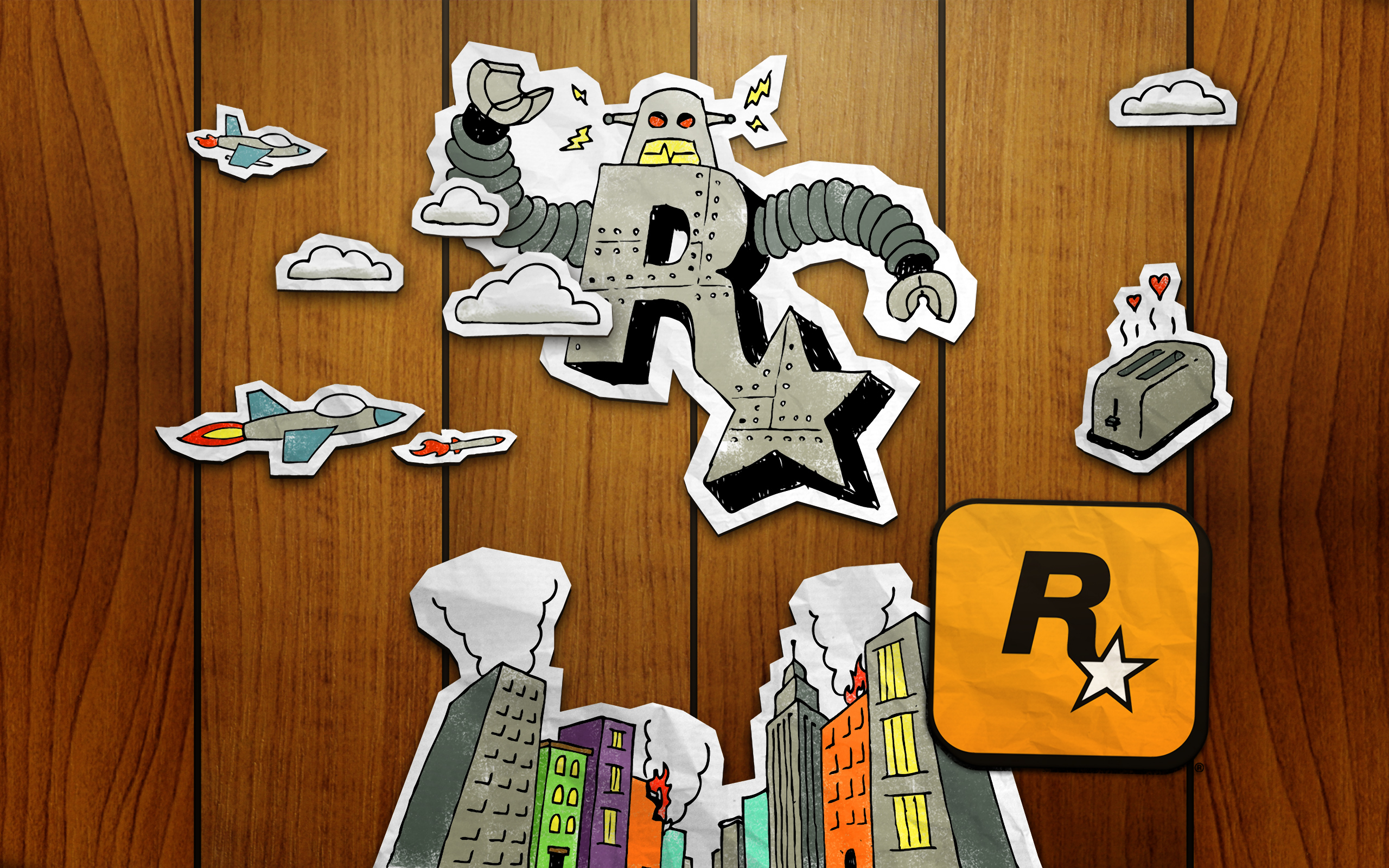 Rockstar Games Paper Cutout Robot Attacking City HD Wallpaper