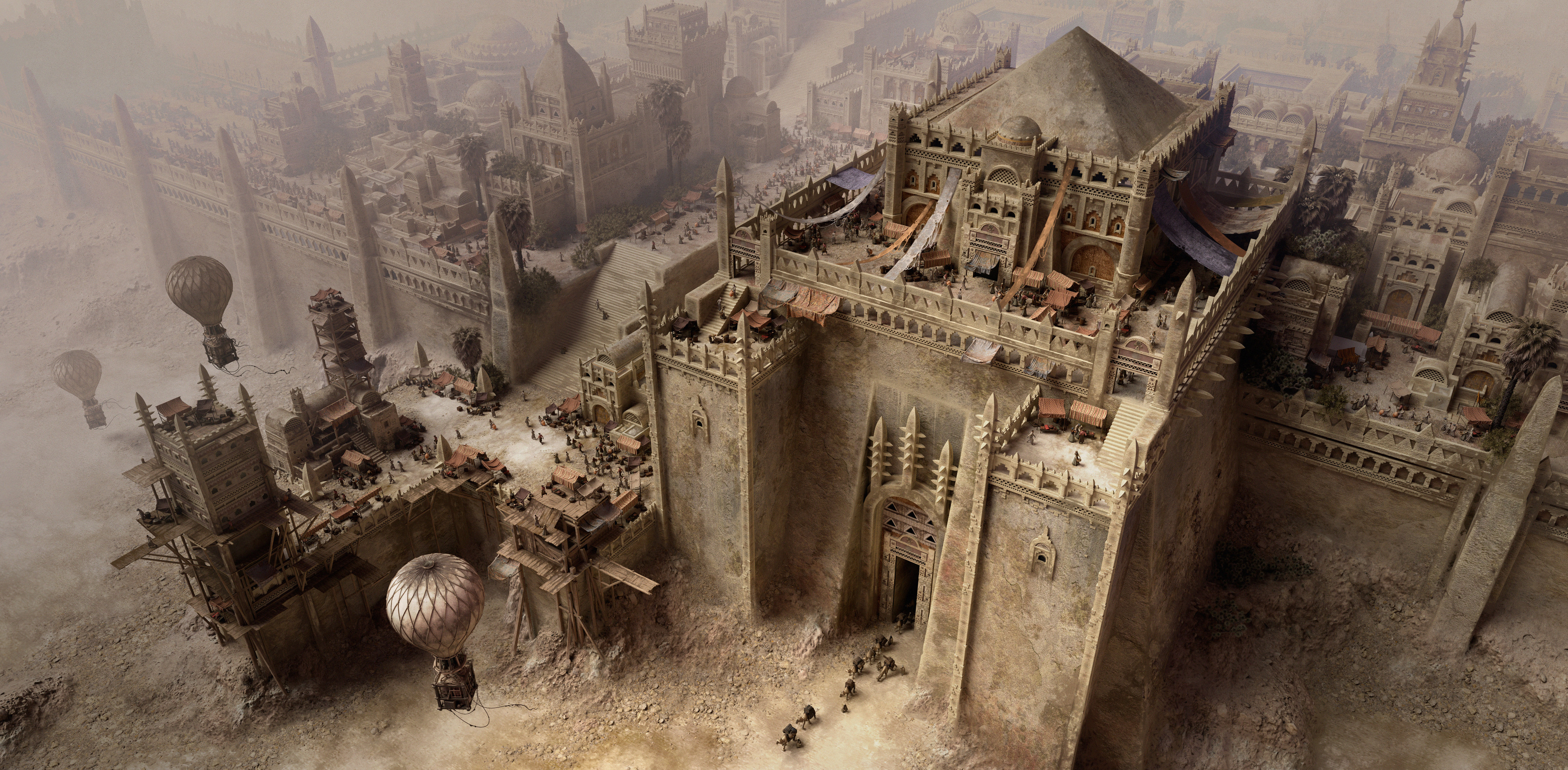 Ancient Desert City with Hot Air Balloons HD Wallpaper
