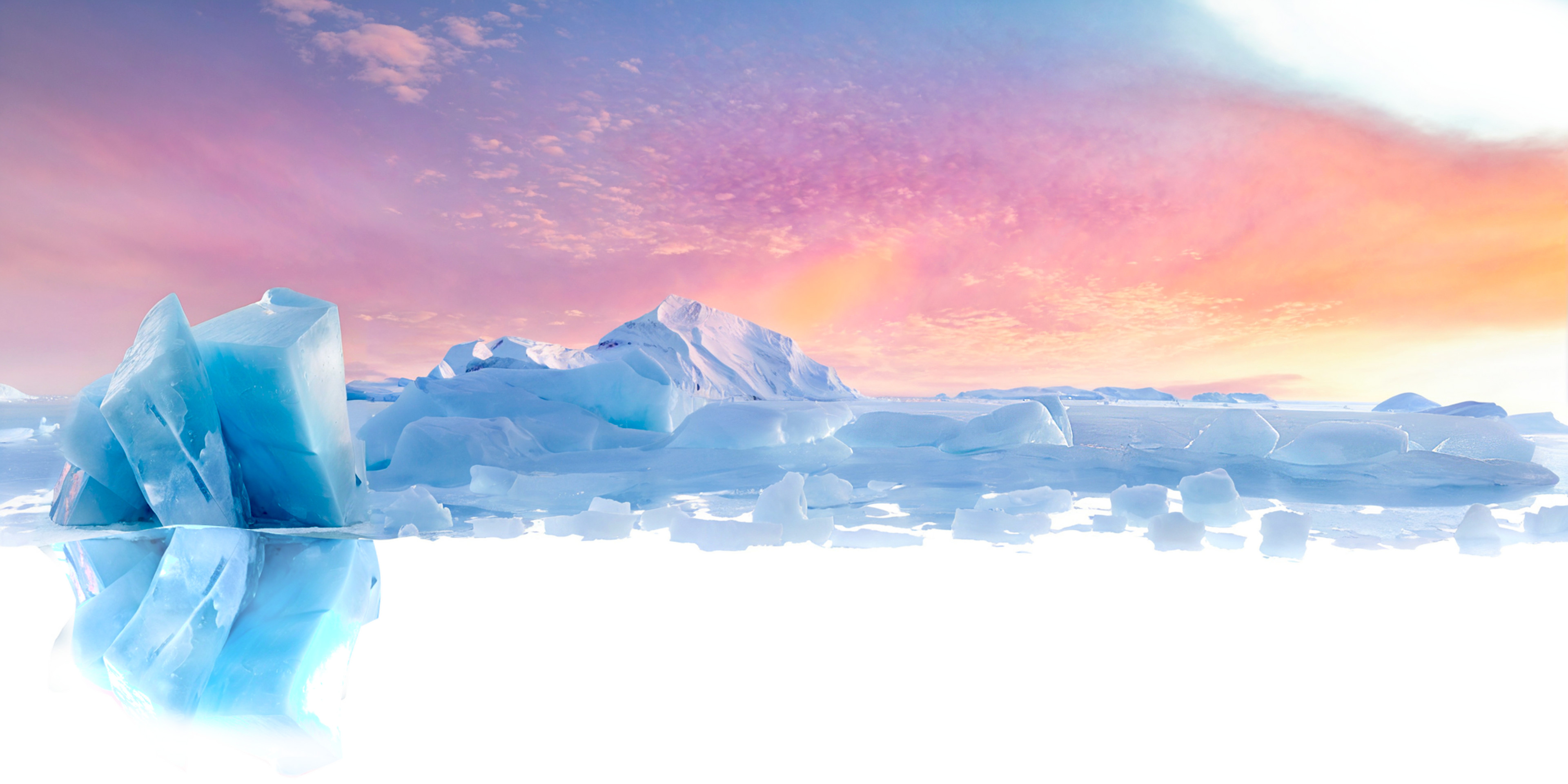 Arctic Icebergs Under Pink and Orange Sunset Sky HD Wallpaper