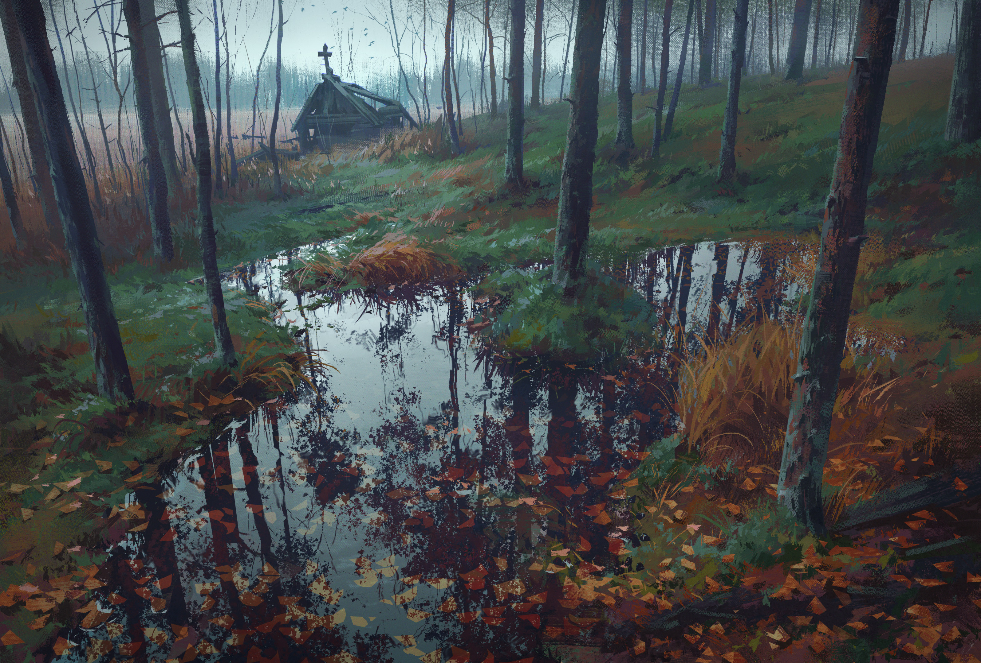Digital Painting of an Autumn Forest with a Ruined Chapel HD Wallpaper