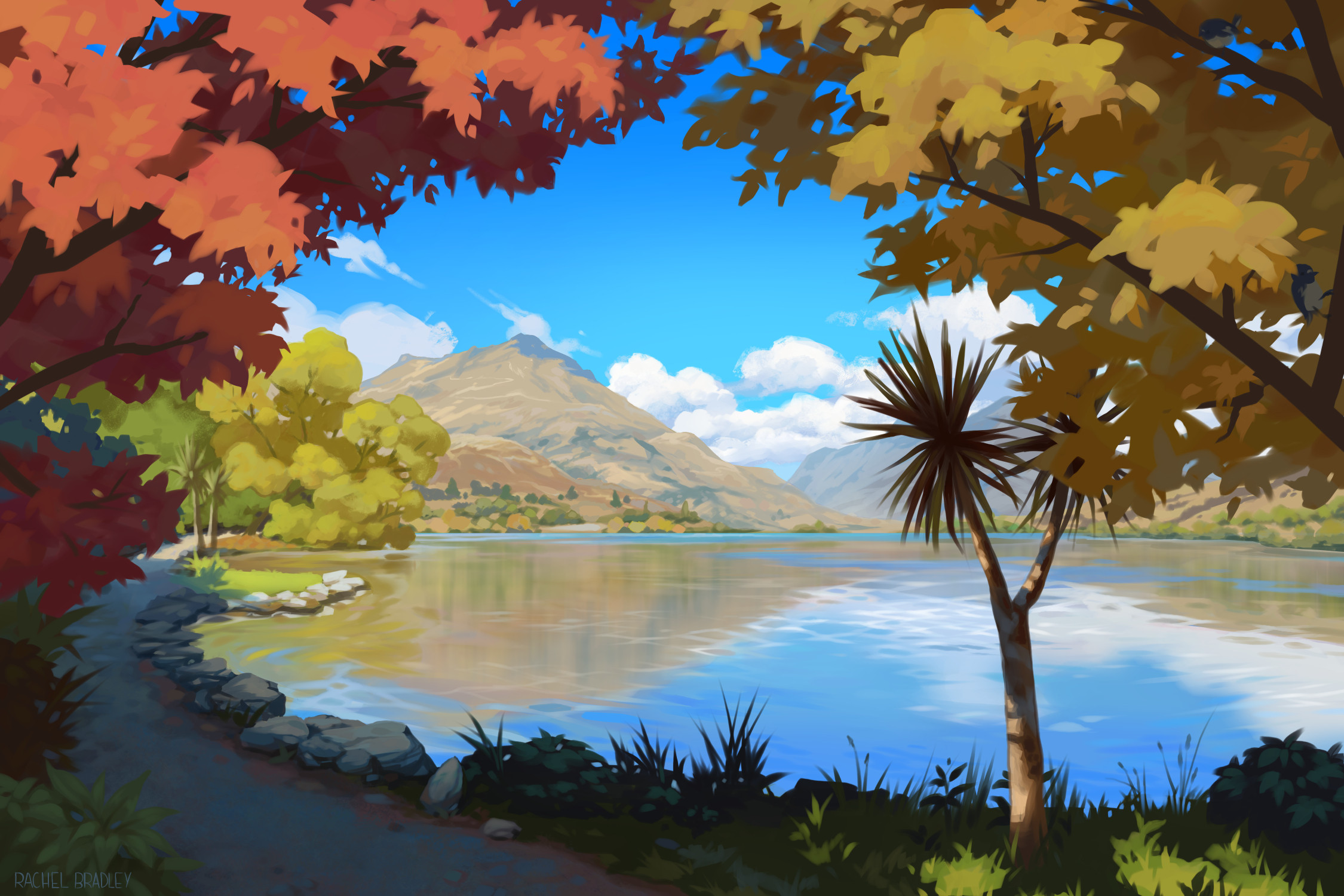 Scenic Lake Surrounded by Autumn Trees and Mountains HD Wallpaper
