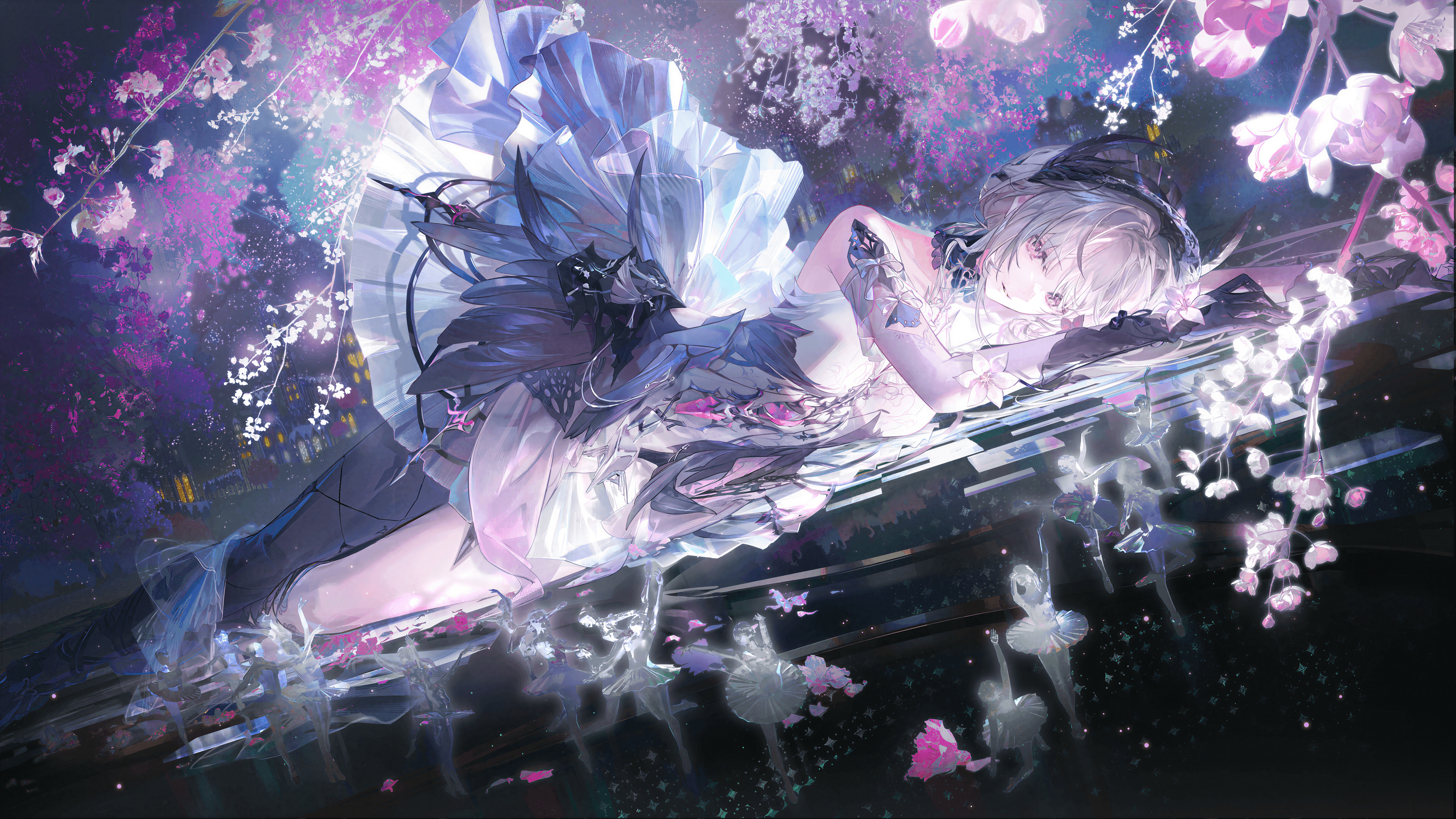 Anime Ballerina Lying Down Under Cherry Blossoms HD Wallpaper