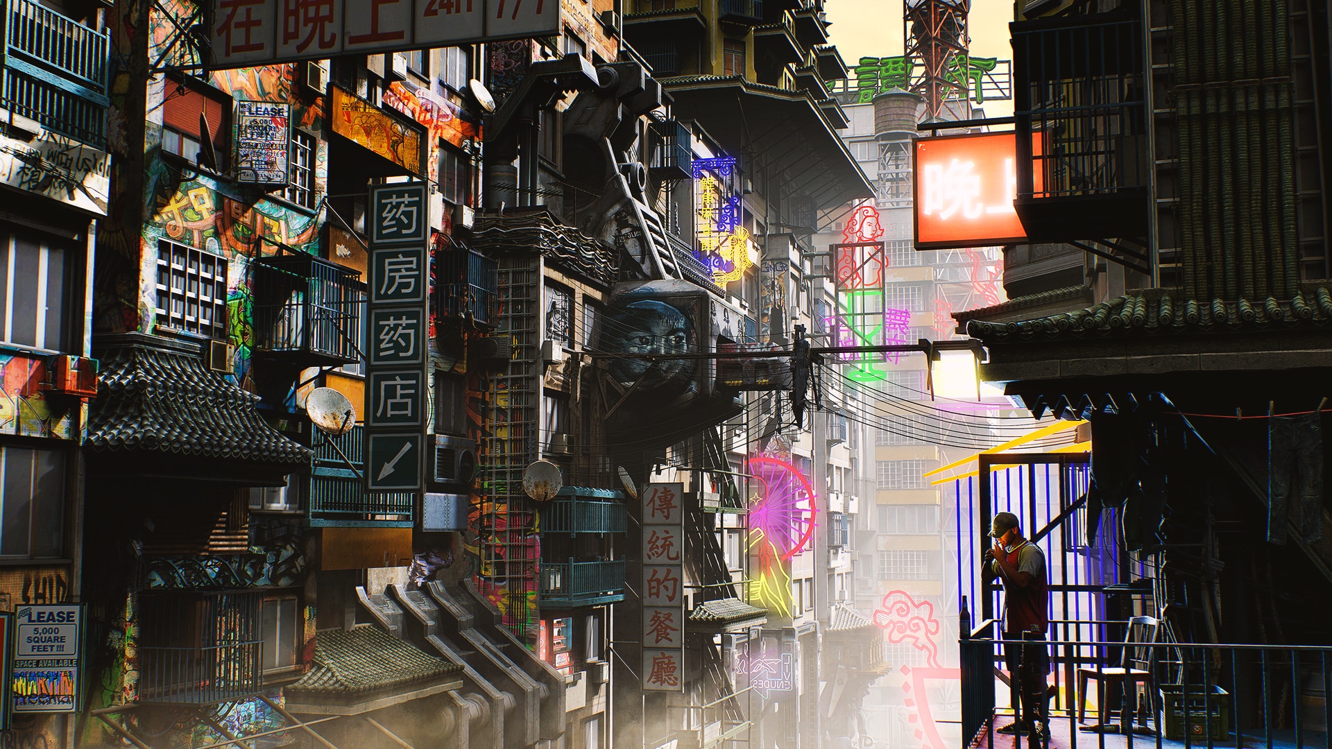Densely Packed Cyberpunk City Street with Neon Signs HD Wallpaper
