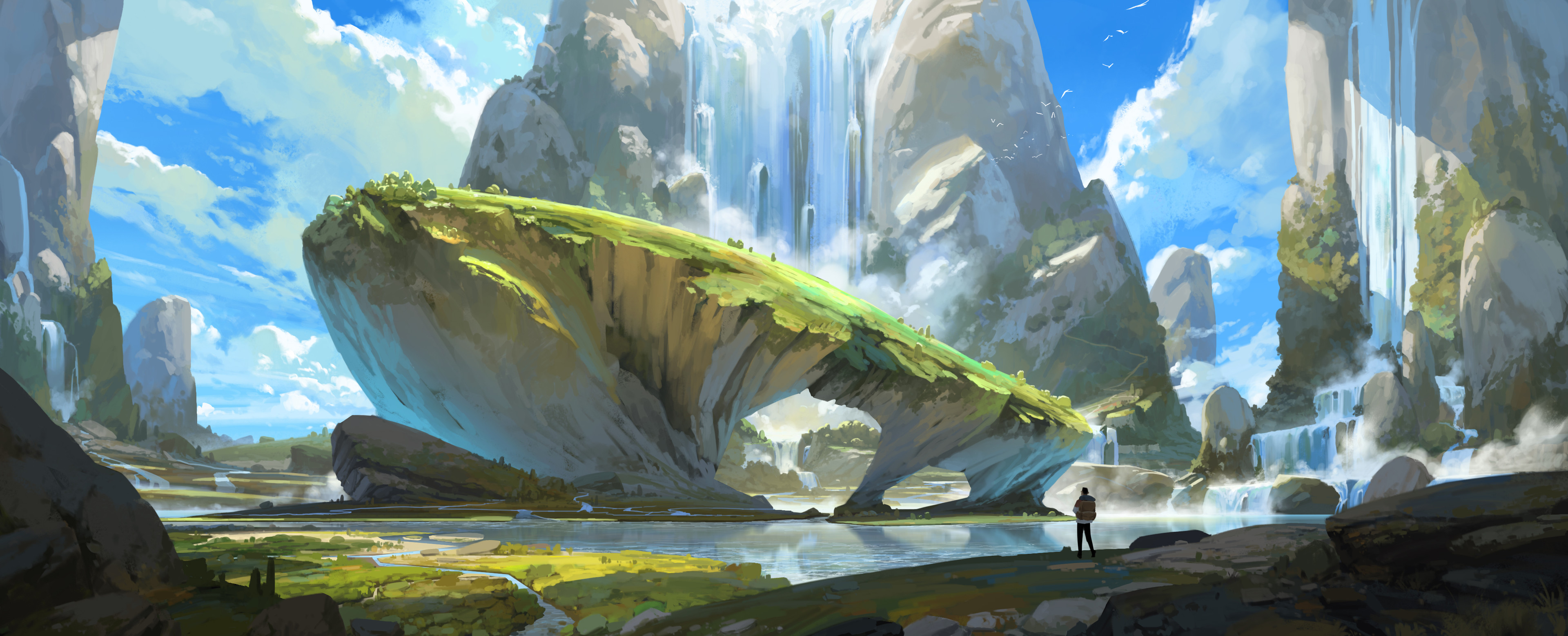 Traveler Standing Before a Giant Whale Shaped Rock Formation HD Wallpaper