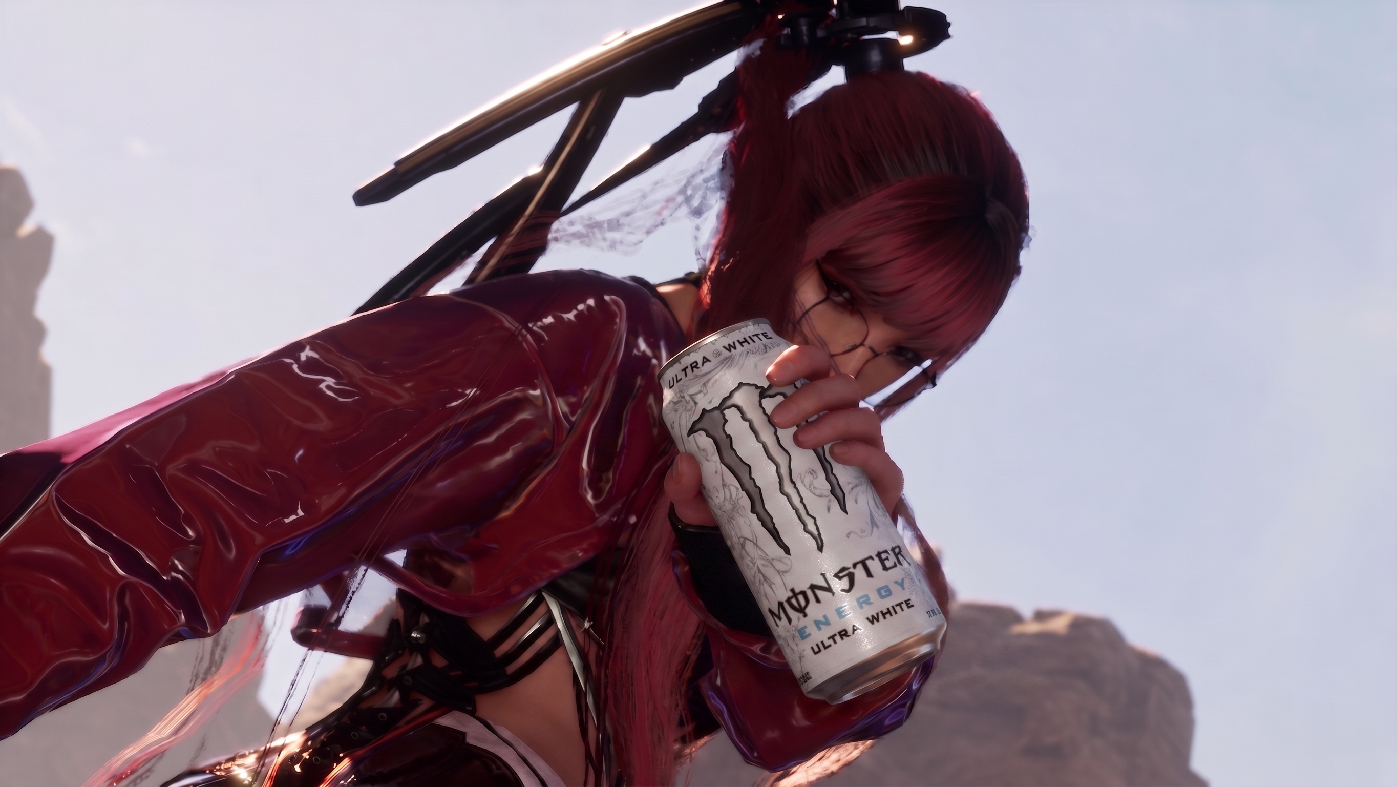 Eve from Stellar Blade holding a Monster Energy can HD Wallpaper