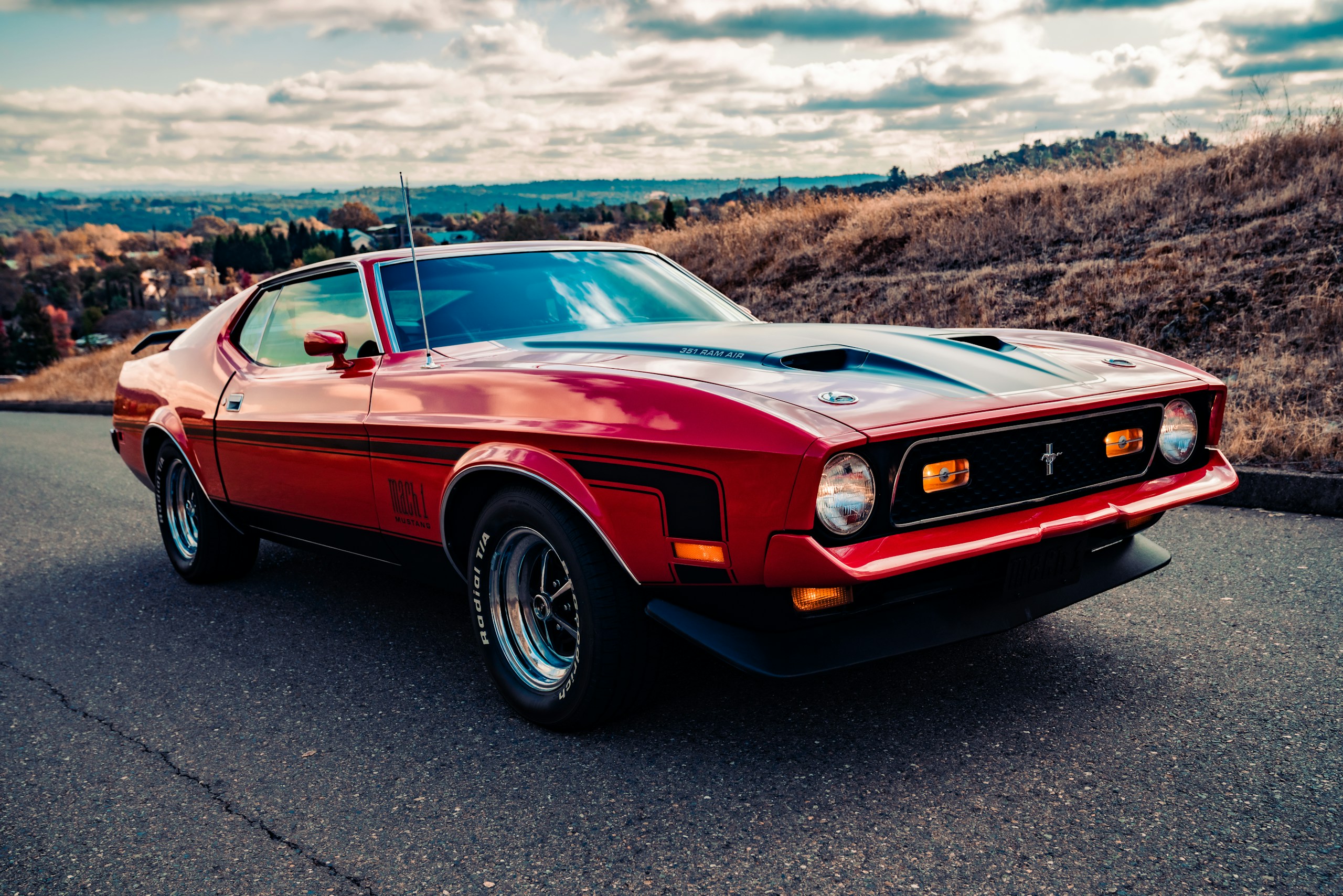 Red 1972 Ford Mustang Mach 1 on Road HD Wallpaper
