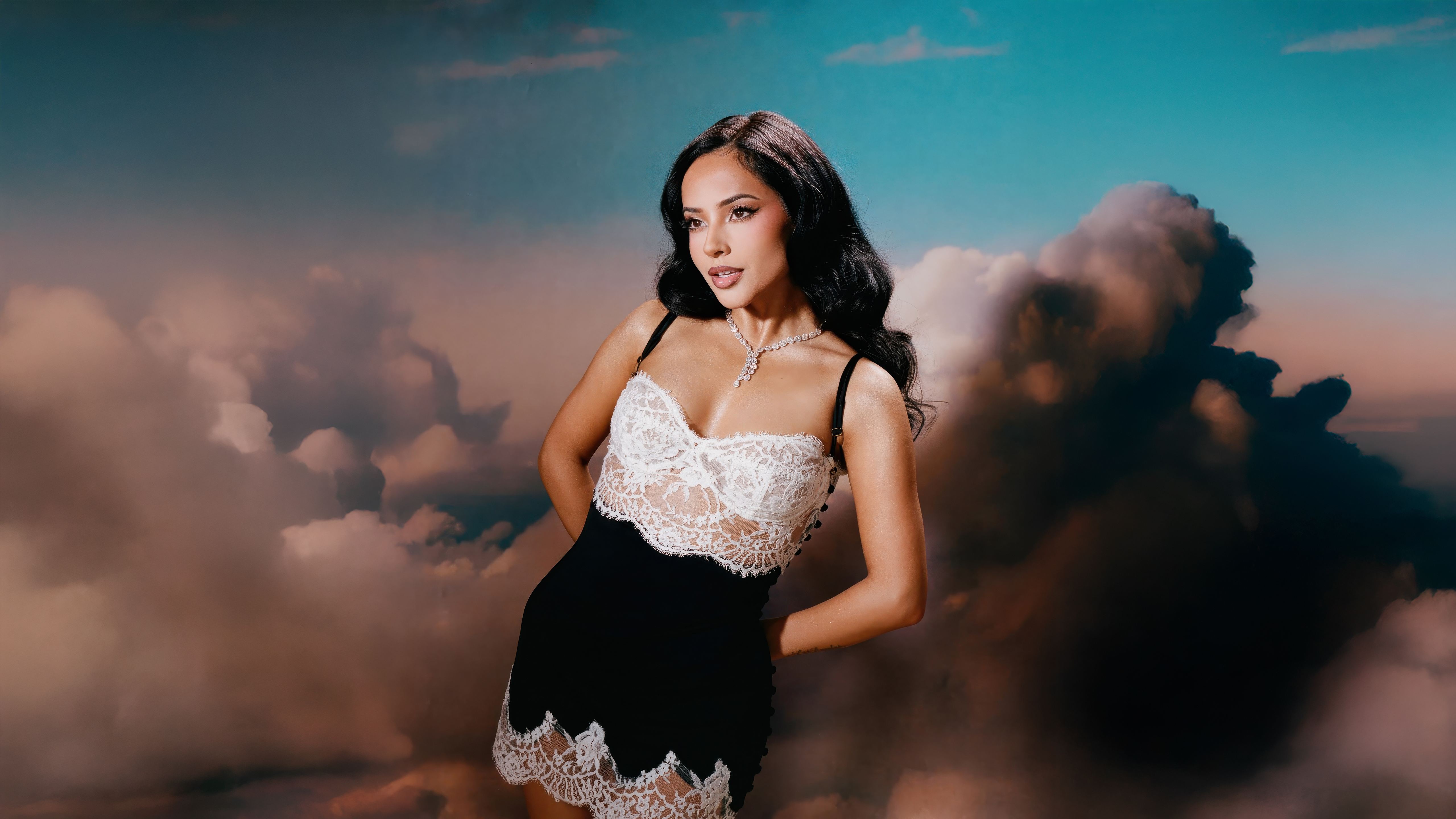 Singer Becky G in Black and White Lace Dress HD Wallpaper
