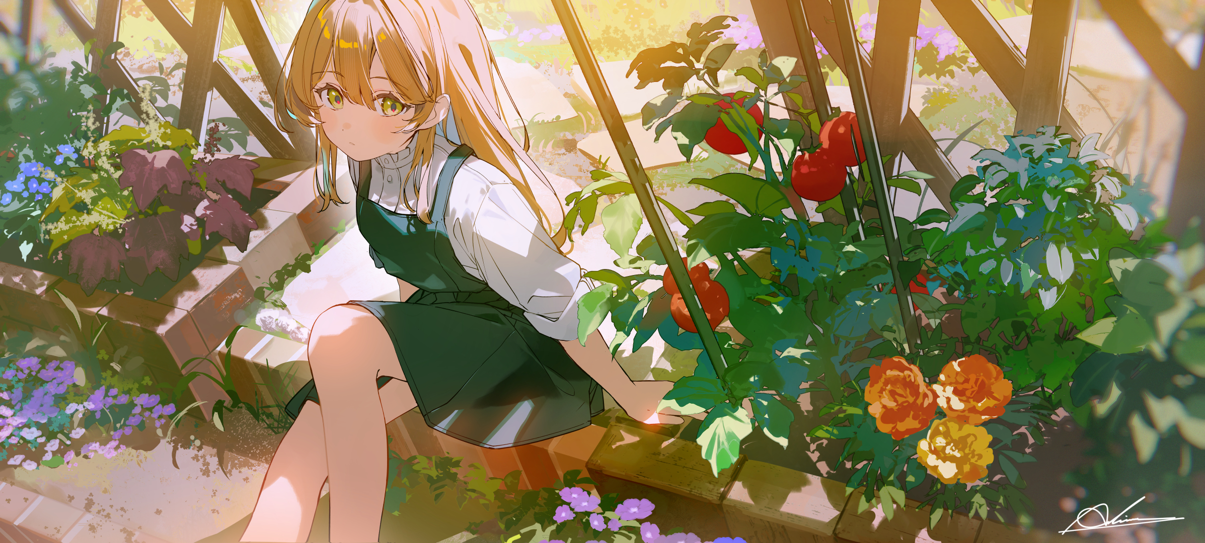 Anime Girl Sitting in a Greenhouse with Tomato Plants HD Wallpaper