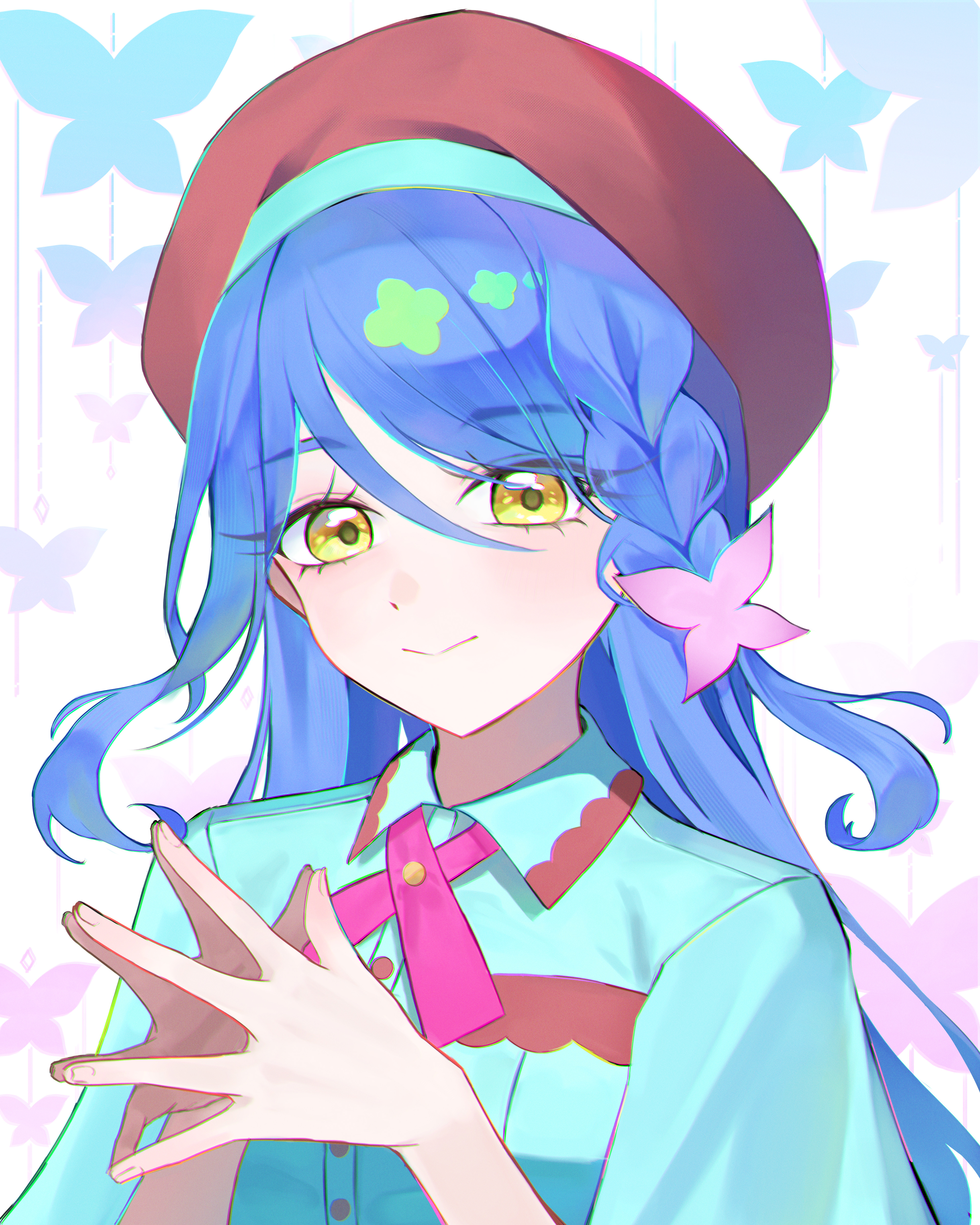Anime Girl with Blue Hair and Beret HD Wallpaper