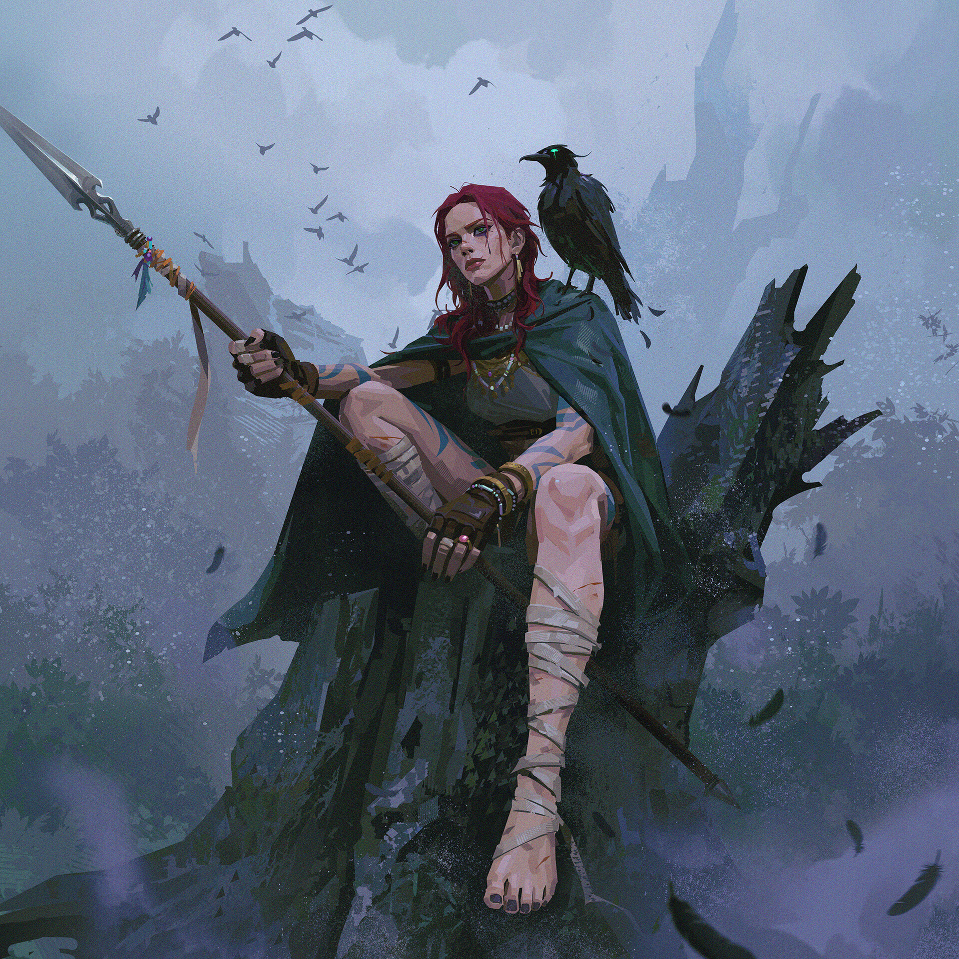 Red-haired fantasy warrior with spear and raven HD Wallpaper