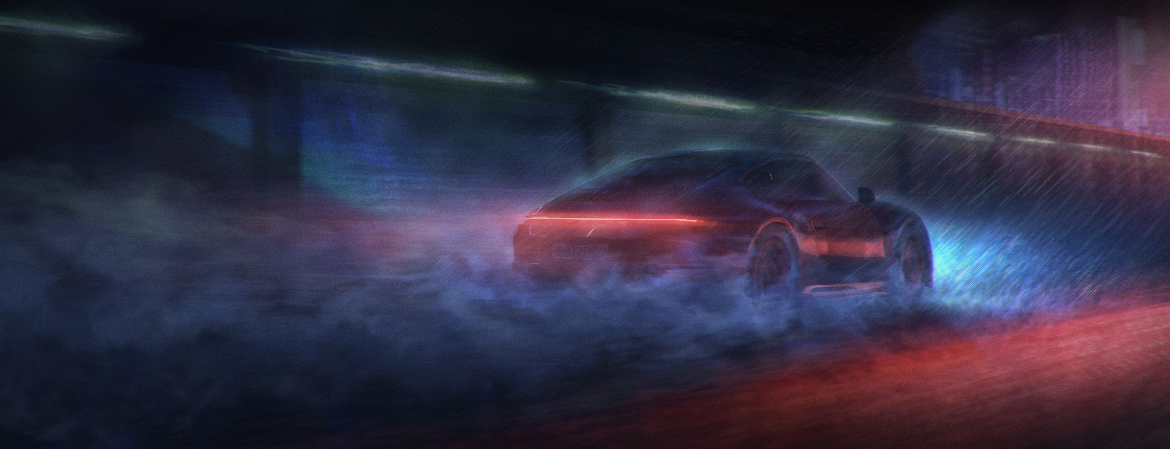 Porsche 911 driving through heavy rain at night HD Wallpaper