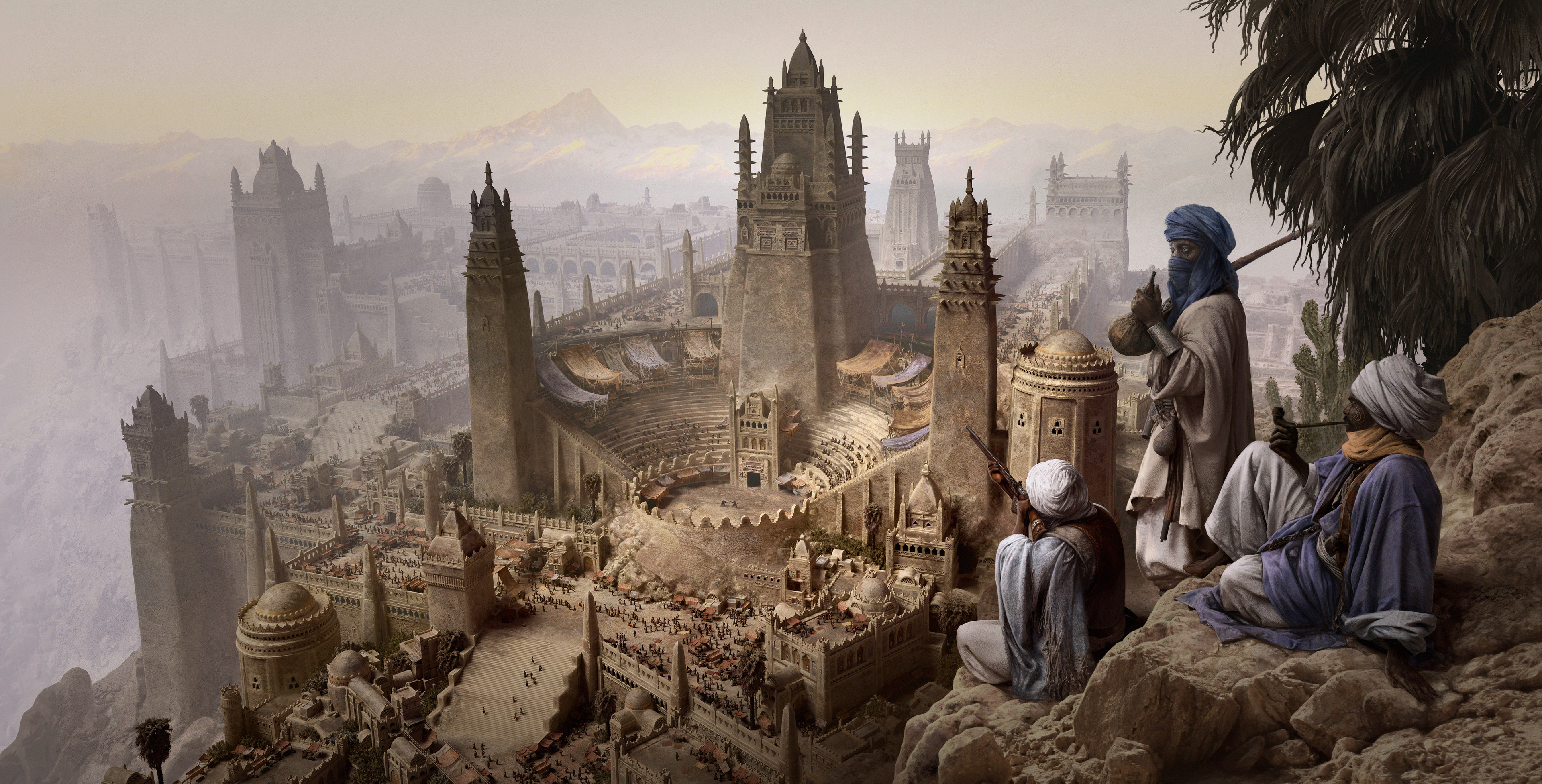 Fantasy Desert City with Observers on a Cliff HD Wallpaper