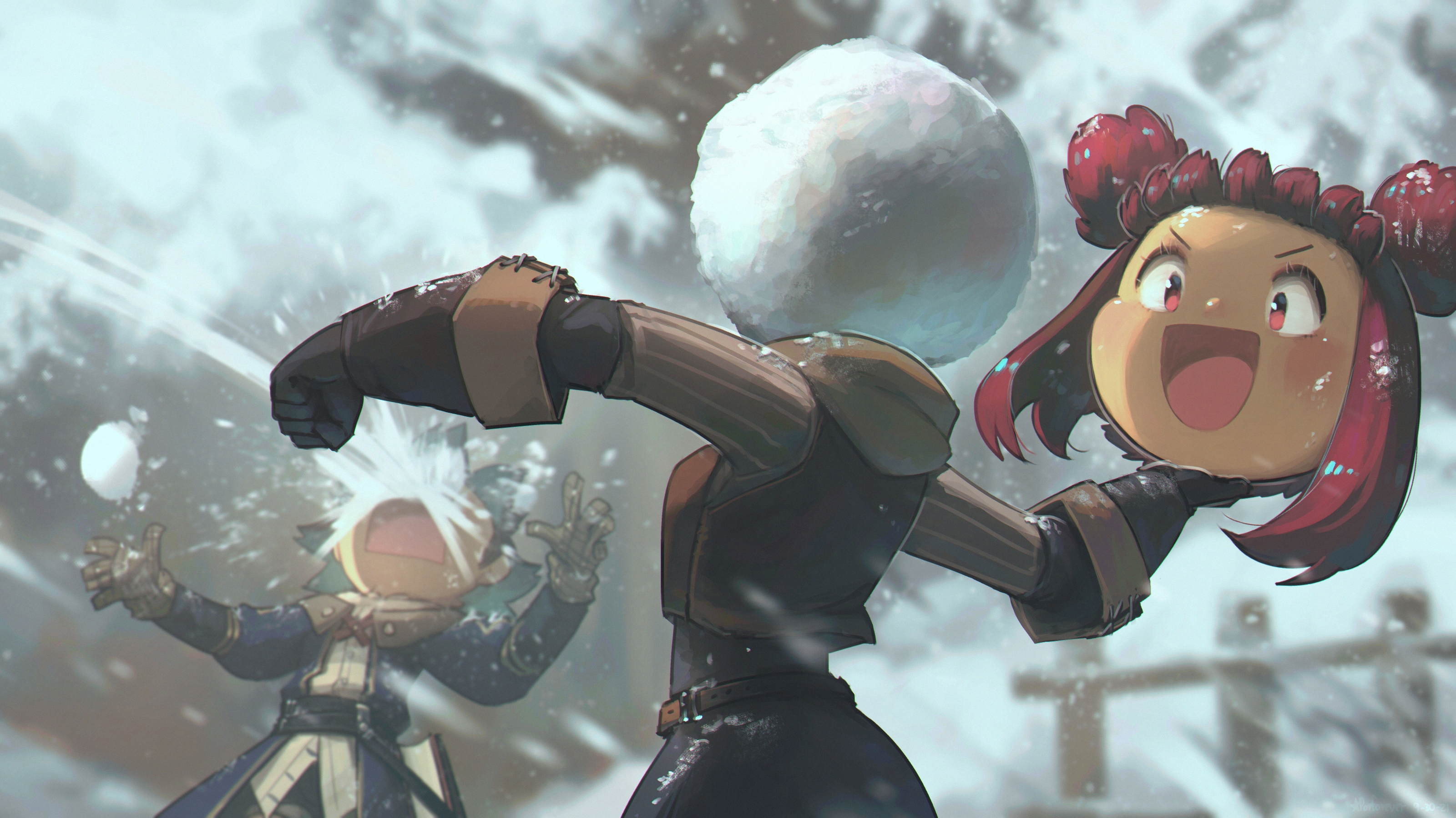 Playful snowball fight illustration by Porforever HD Wallpaper
