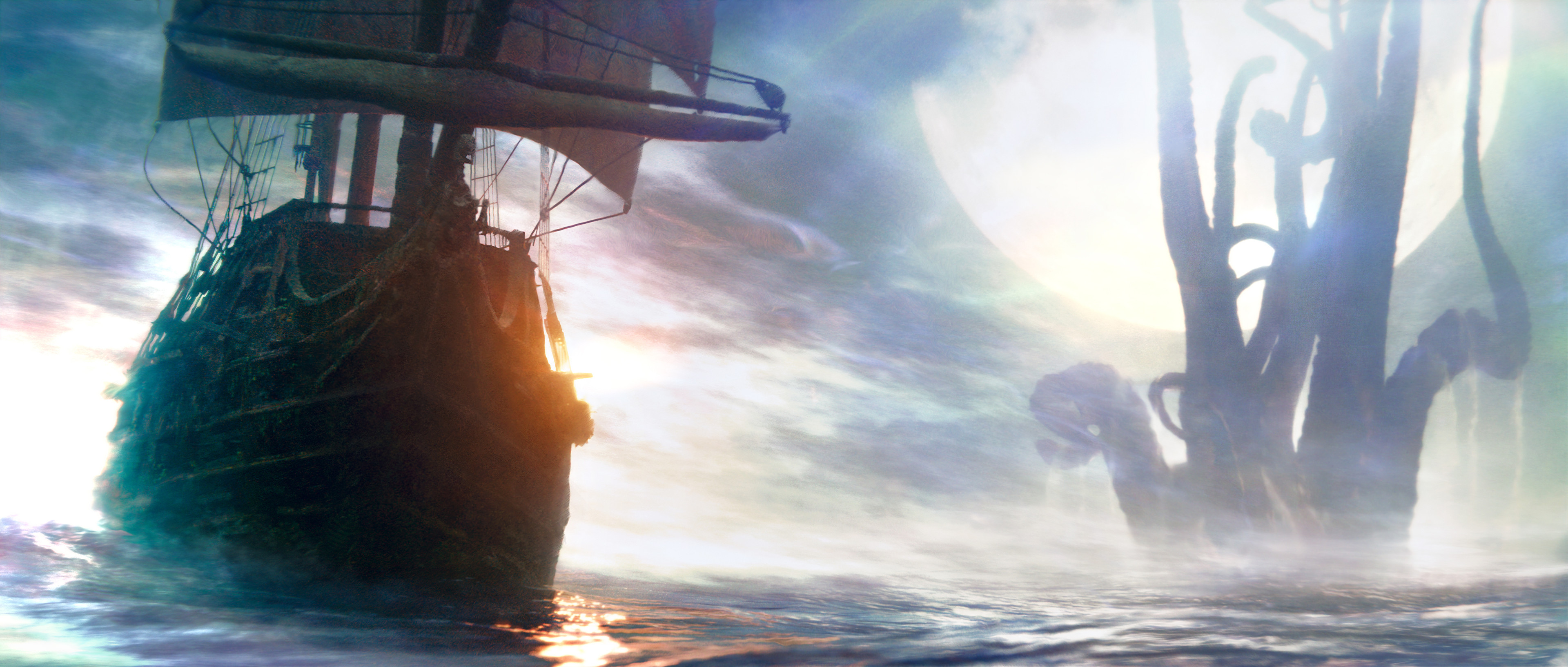Sailing ship encountering a giant Kraken sea monster HD Wallpaper