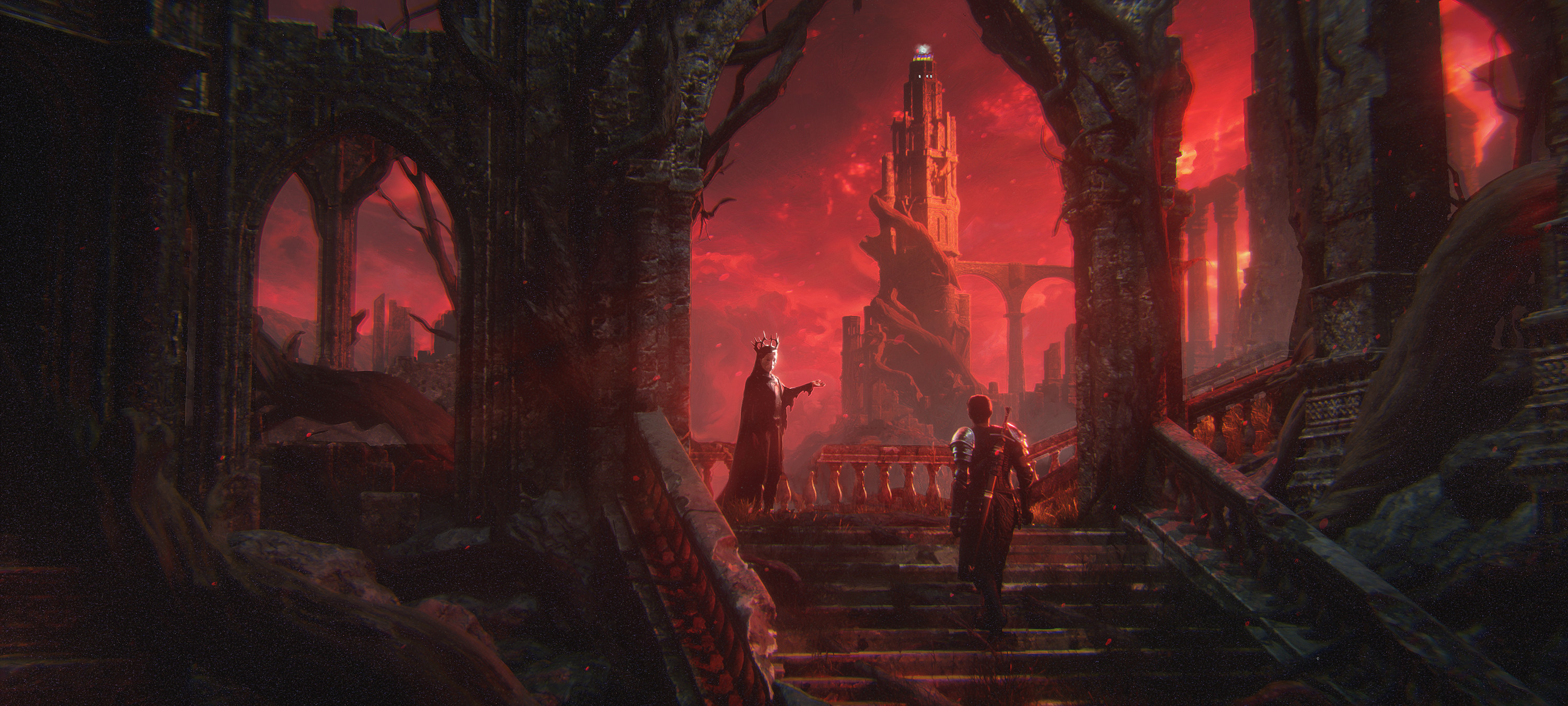Armored warrior and crowned figure before a dark tower HD Wallpaper