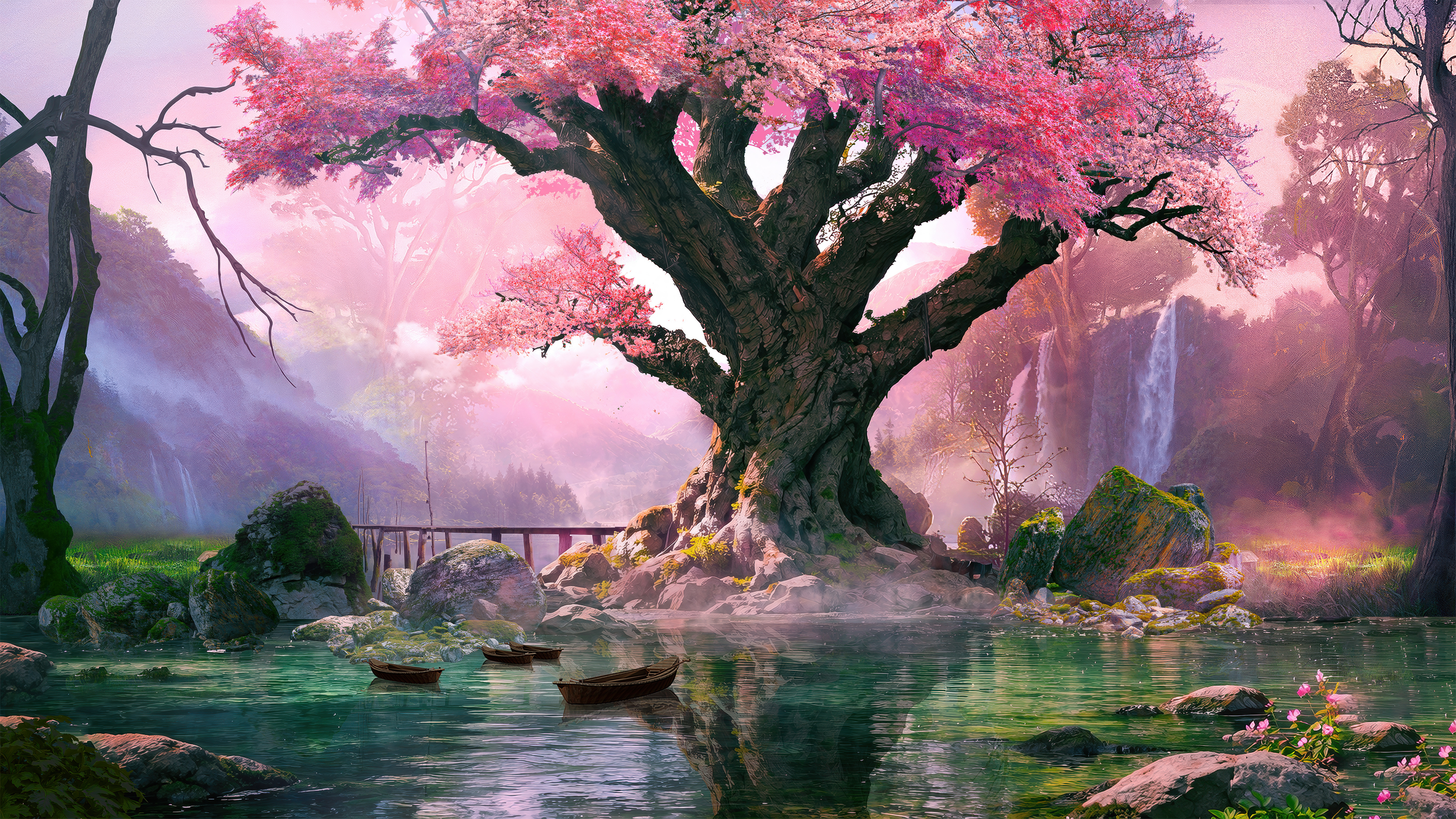 Giant Pink Blossom Tree by a Serene Lake HD Wallpaper