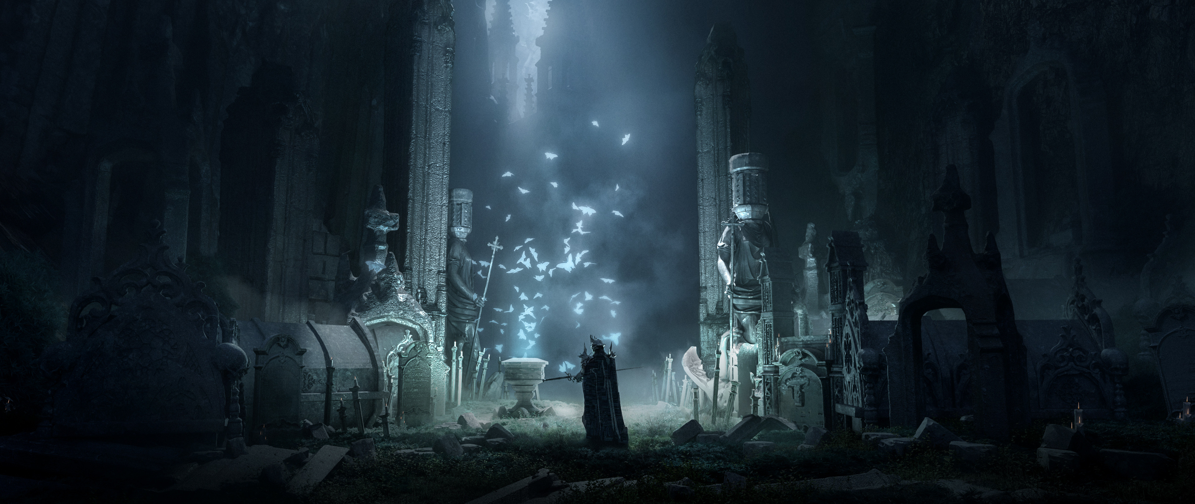 Knight in a gothic graveyard with glowing blue spirits HD Wallpaper