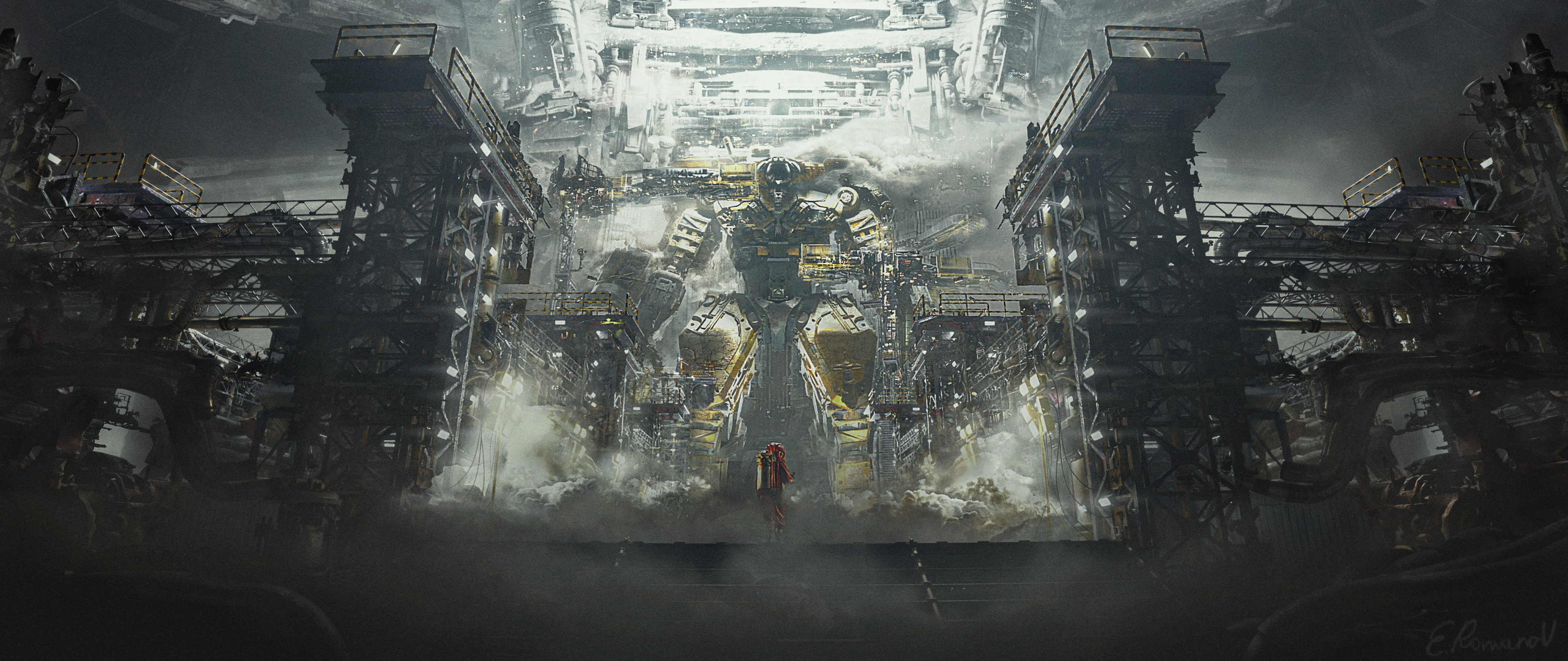 Giant Robot in Construction Bay with Lone Pilot HD Wallpaper