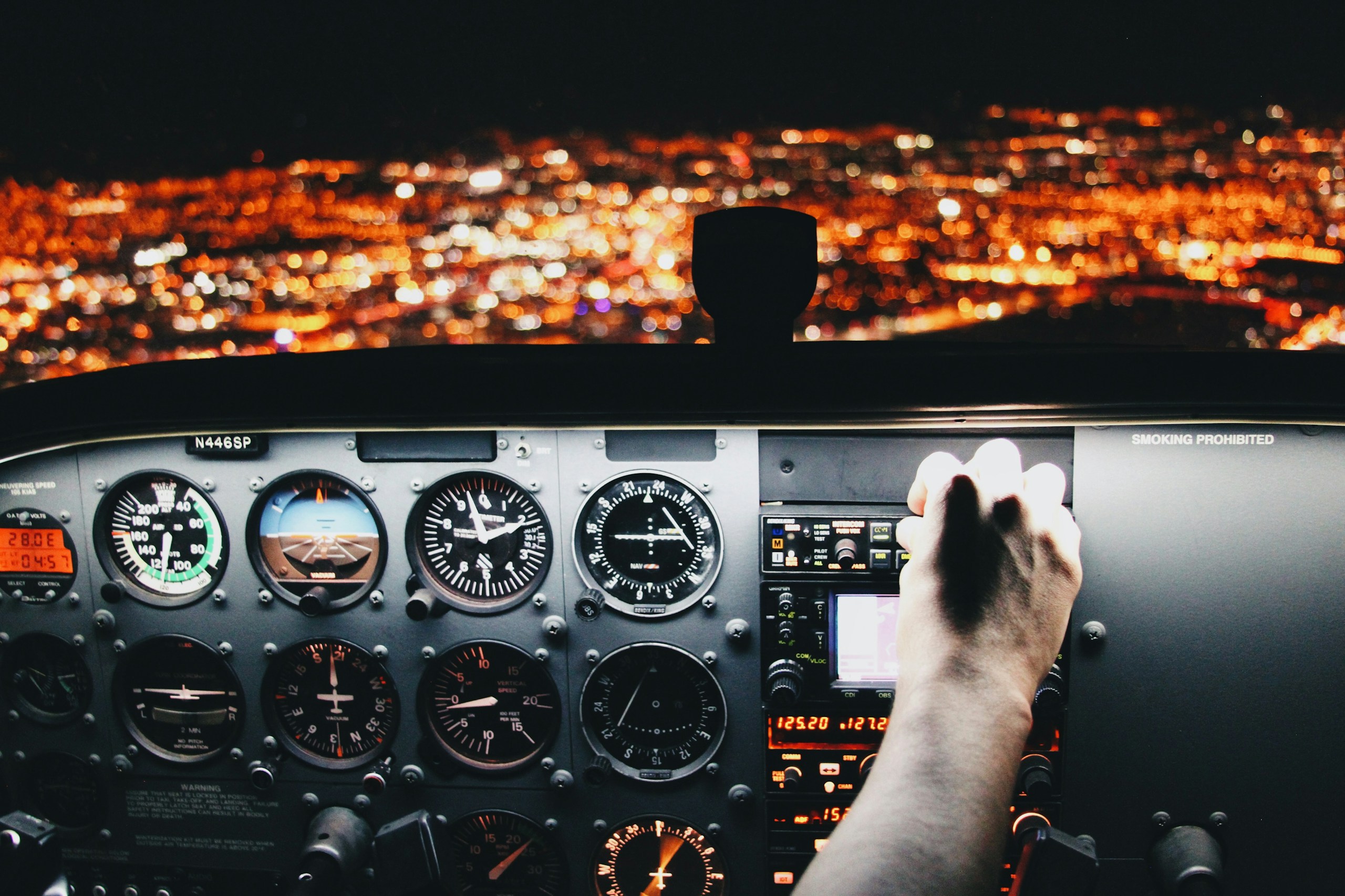 Airplane Cockpit Instrument Panel Flying Over City at Night HD Wallpaper