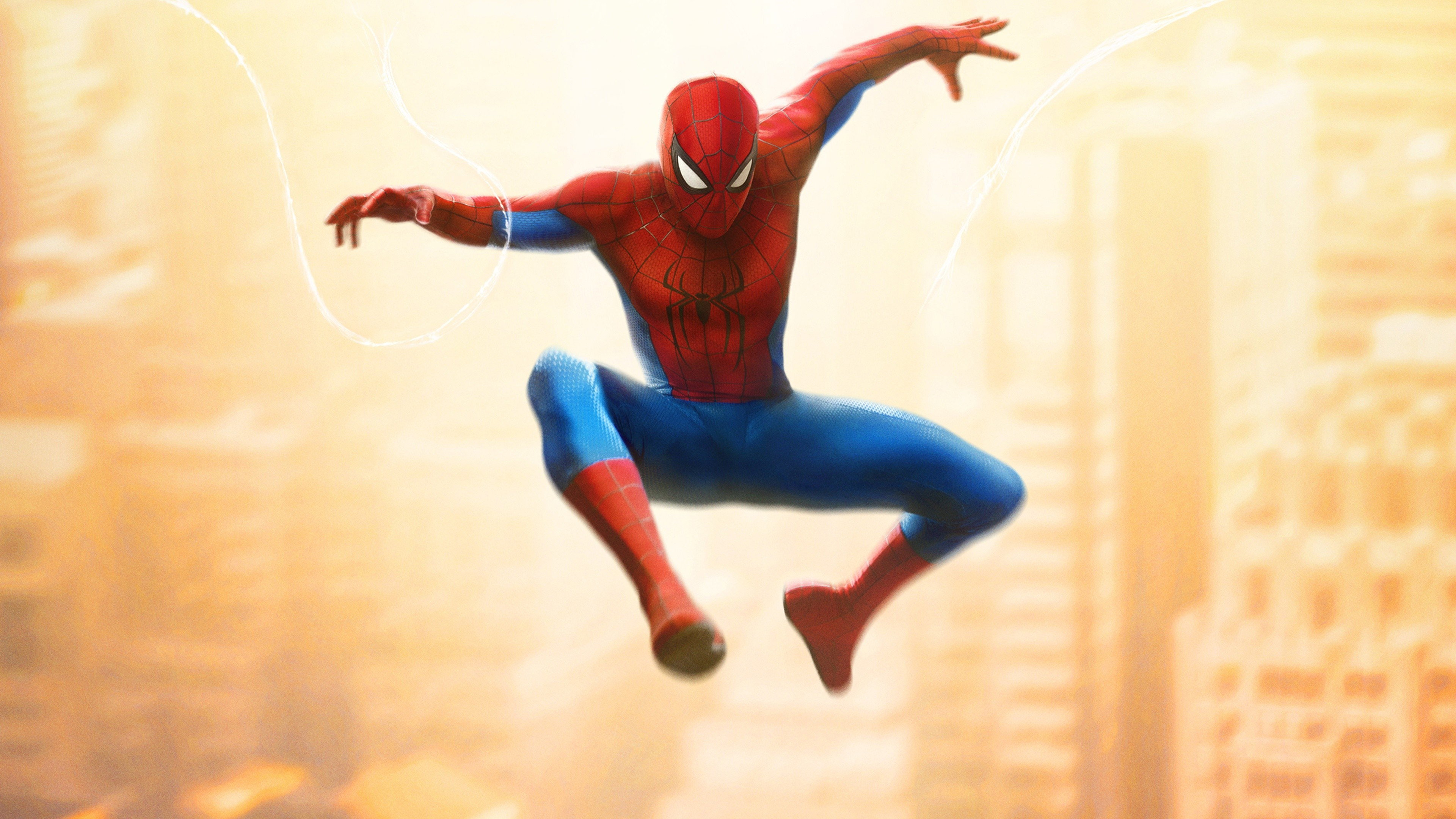 Spider-Man swinging mid-air in classic red and blue suit HD Wallpaper