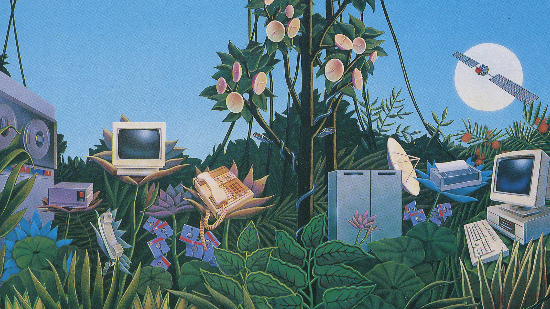 Surreal retro illustration of technology growing in a jungle HD Wallpaper