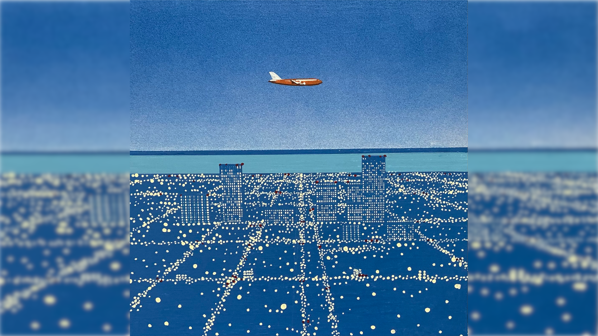 Hiroshi Nagai Painting of Airplane Flying Over City HD Wallpaper