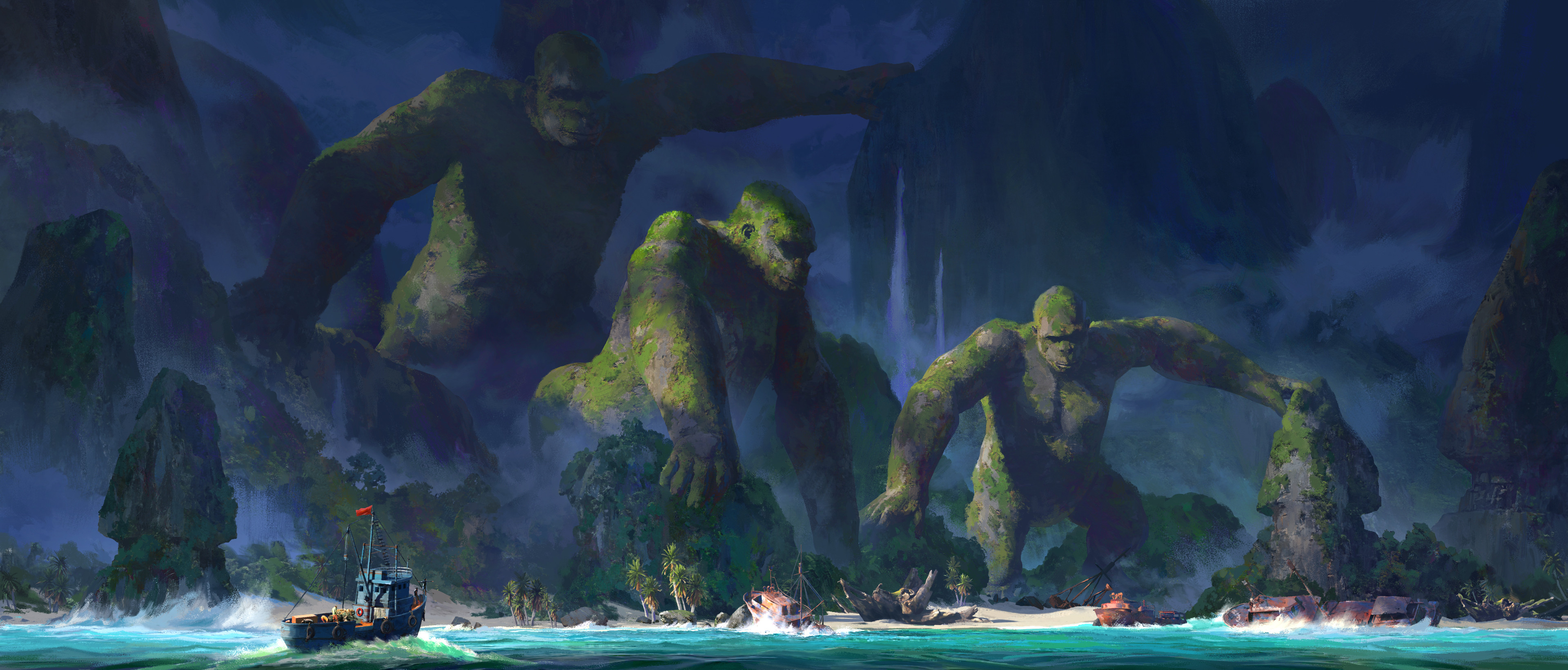 Giant Moss-Covered Apes on Skull Island HD Wallpaper