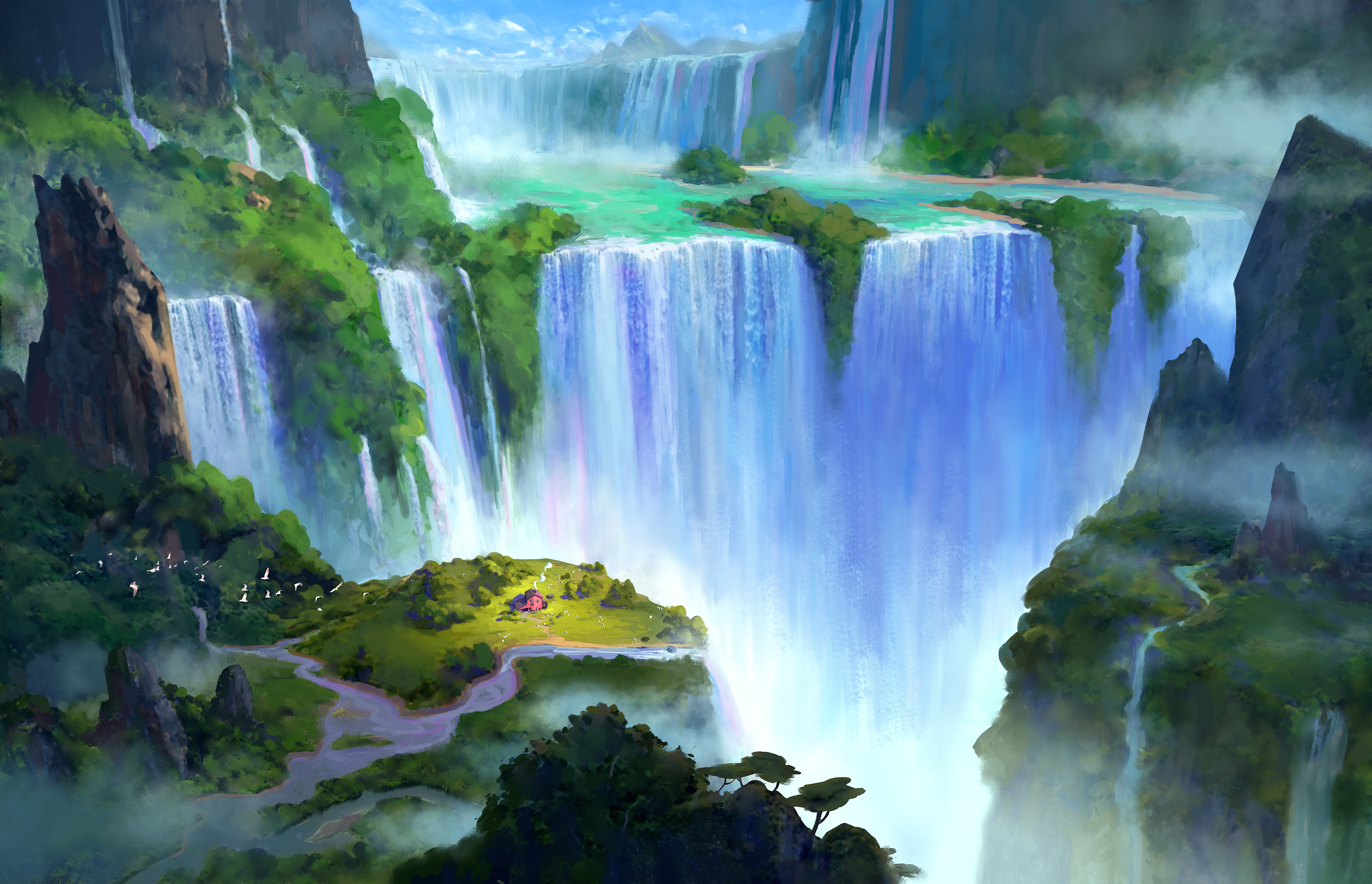 Fantasy Landscape with Massive Waterfalls and Tiny Red House HD Wallpaper