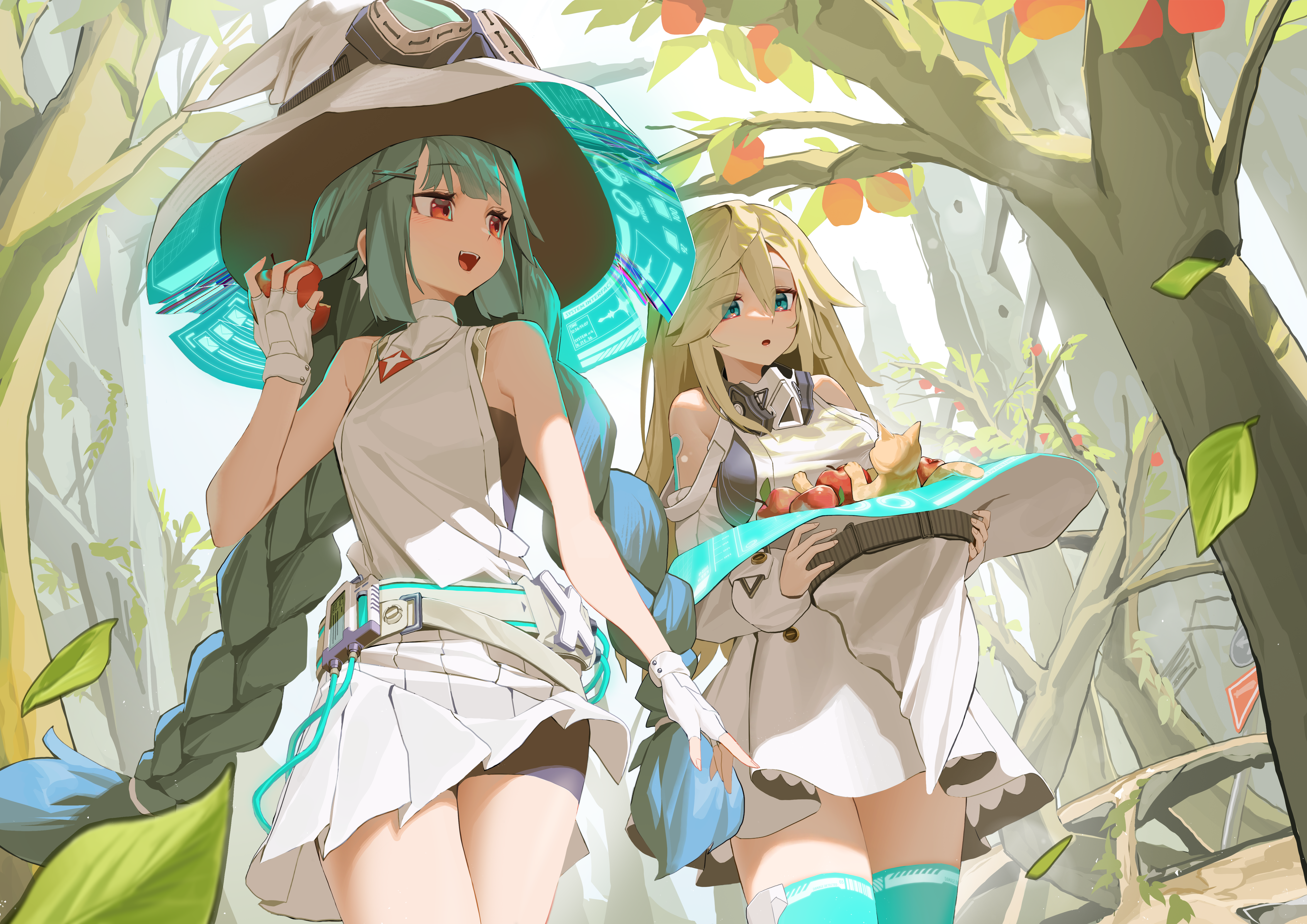 Two Anime Girls Gathering Apples in a Forest HD Wallpaper
