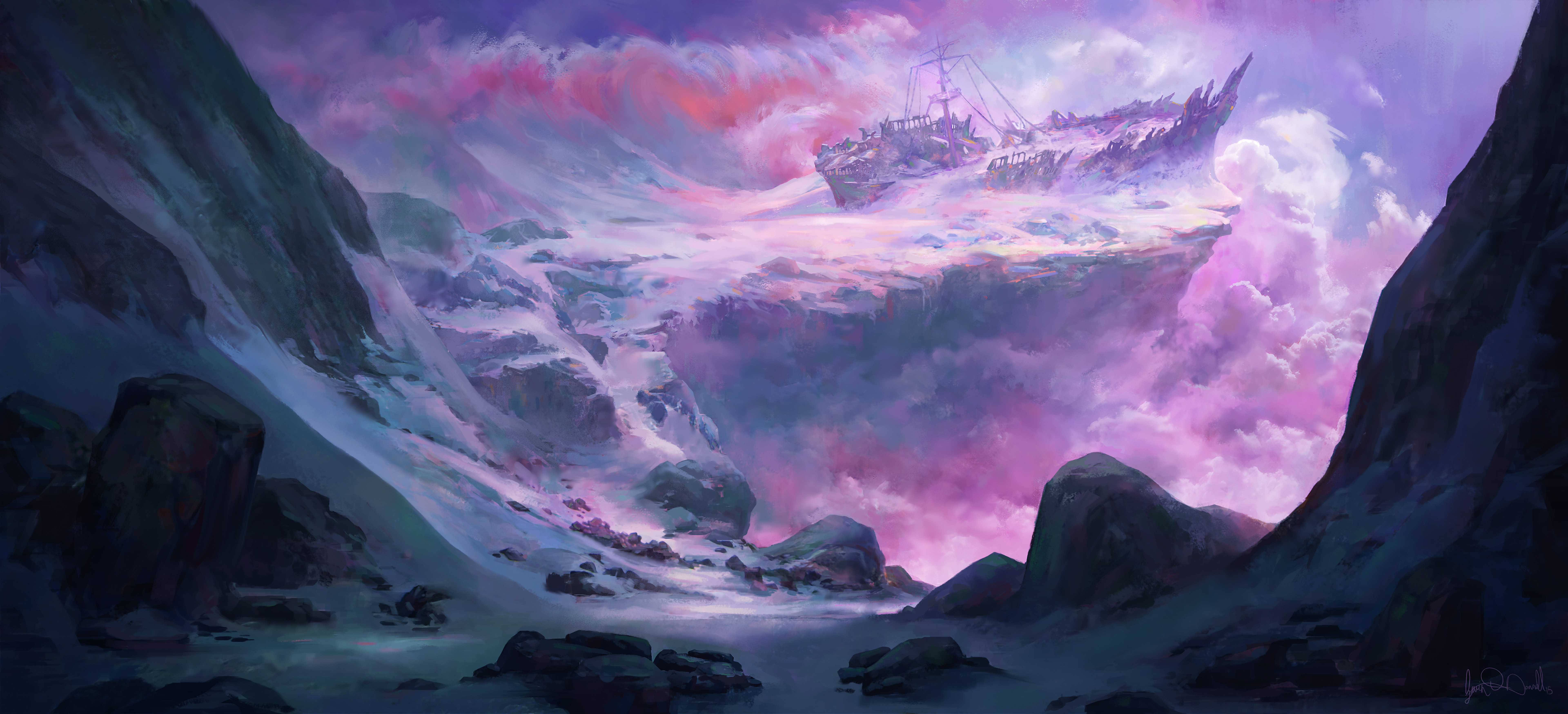 Shipwreck on a Snowy Mountain Peak Surrounded by Purple Clouds HD Wallpaper