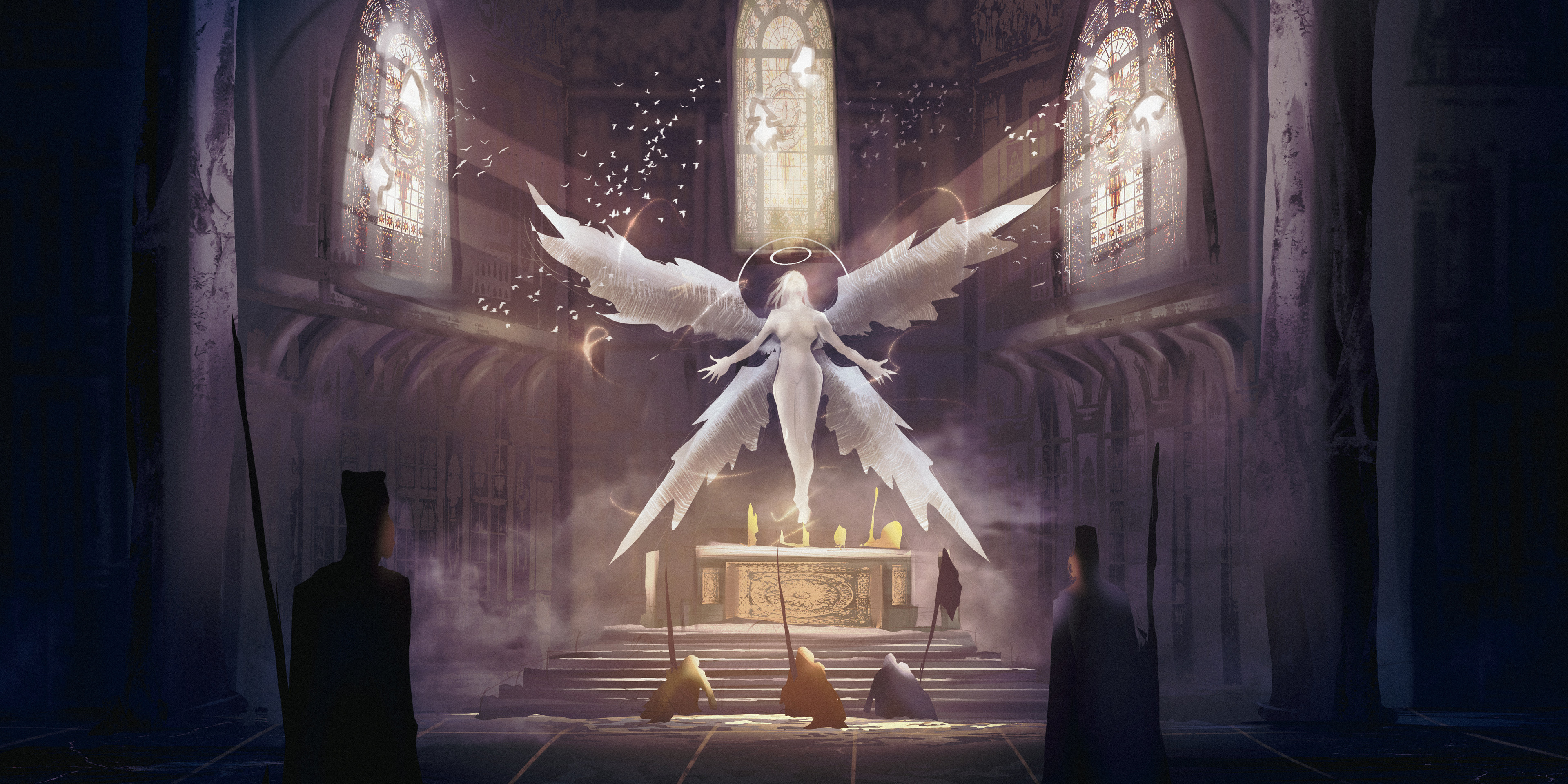 Glowing Four-Winged Angel Descending in a Cathedral HD Wallpaper