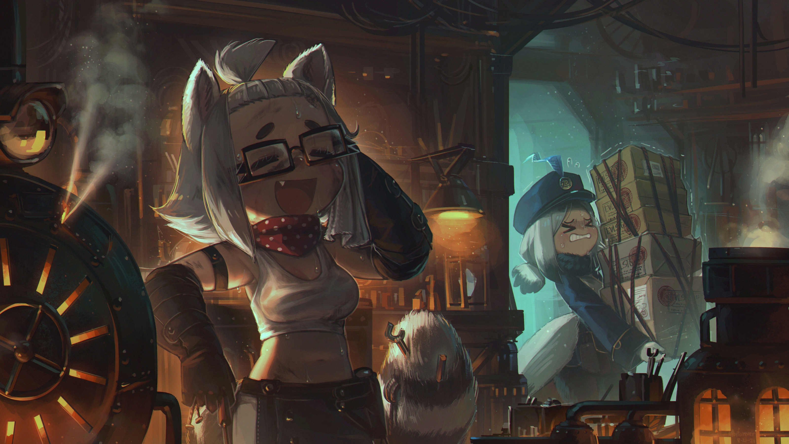 Porforever Original Characters in a Steampunk Workshop HD Wallpaper