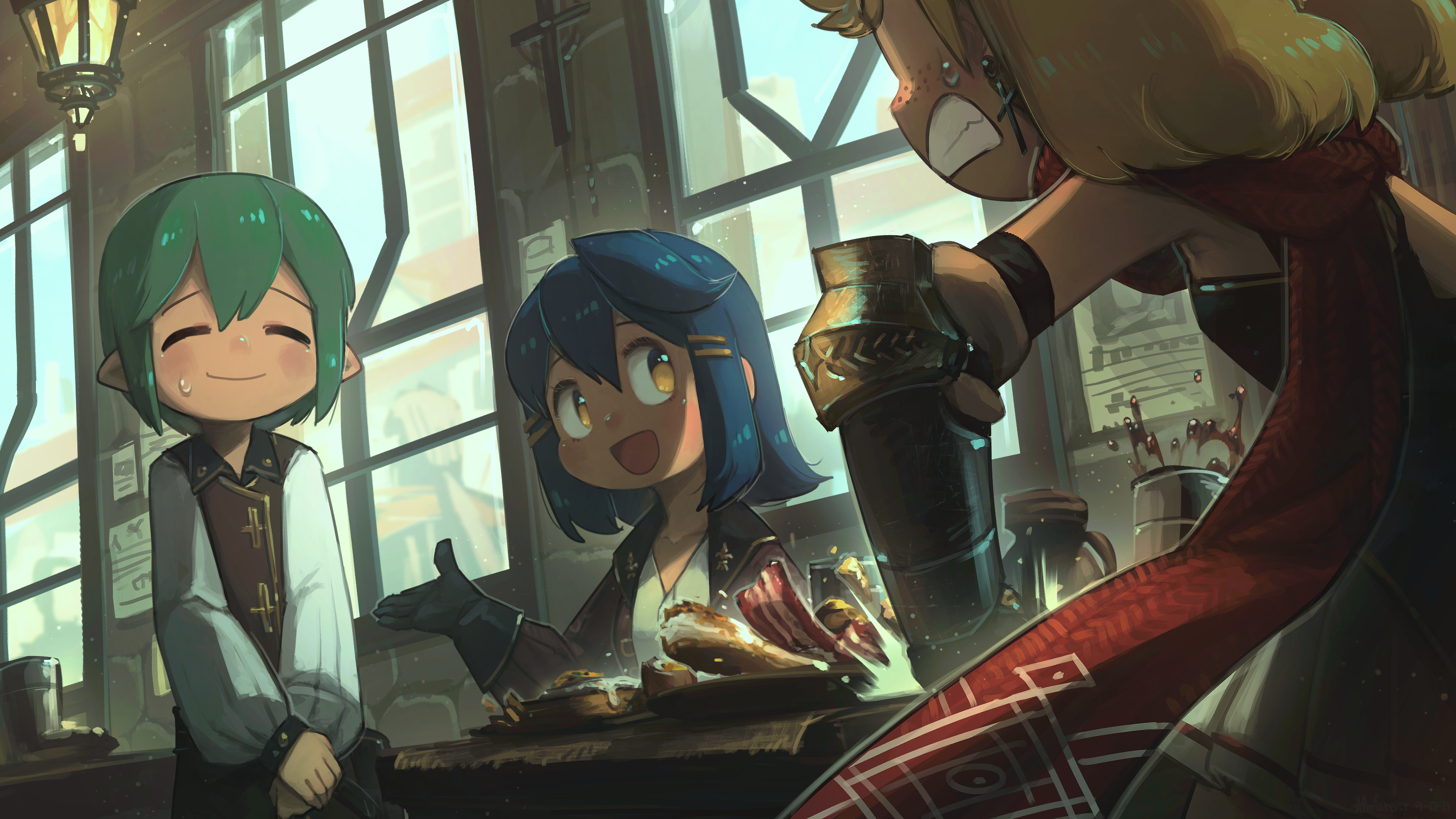 Anime characters dining in a fantasy tavern by Porforever HD Wallpaper
