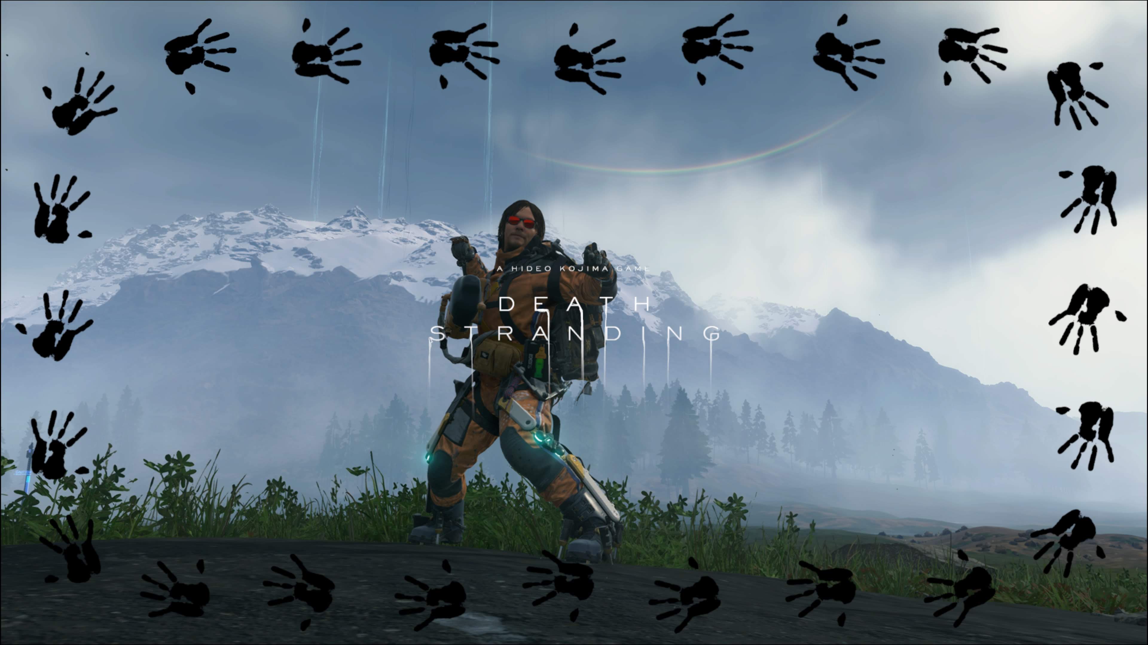Sam Porter Bridges posing with handprint border in Death Stranding HD Wallpaper