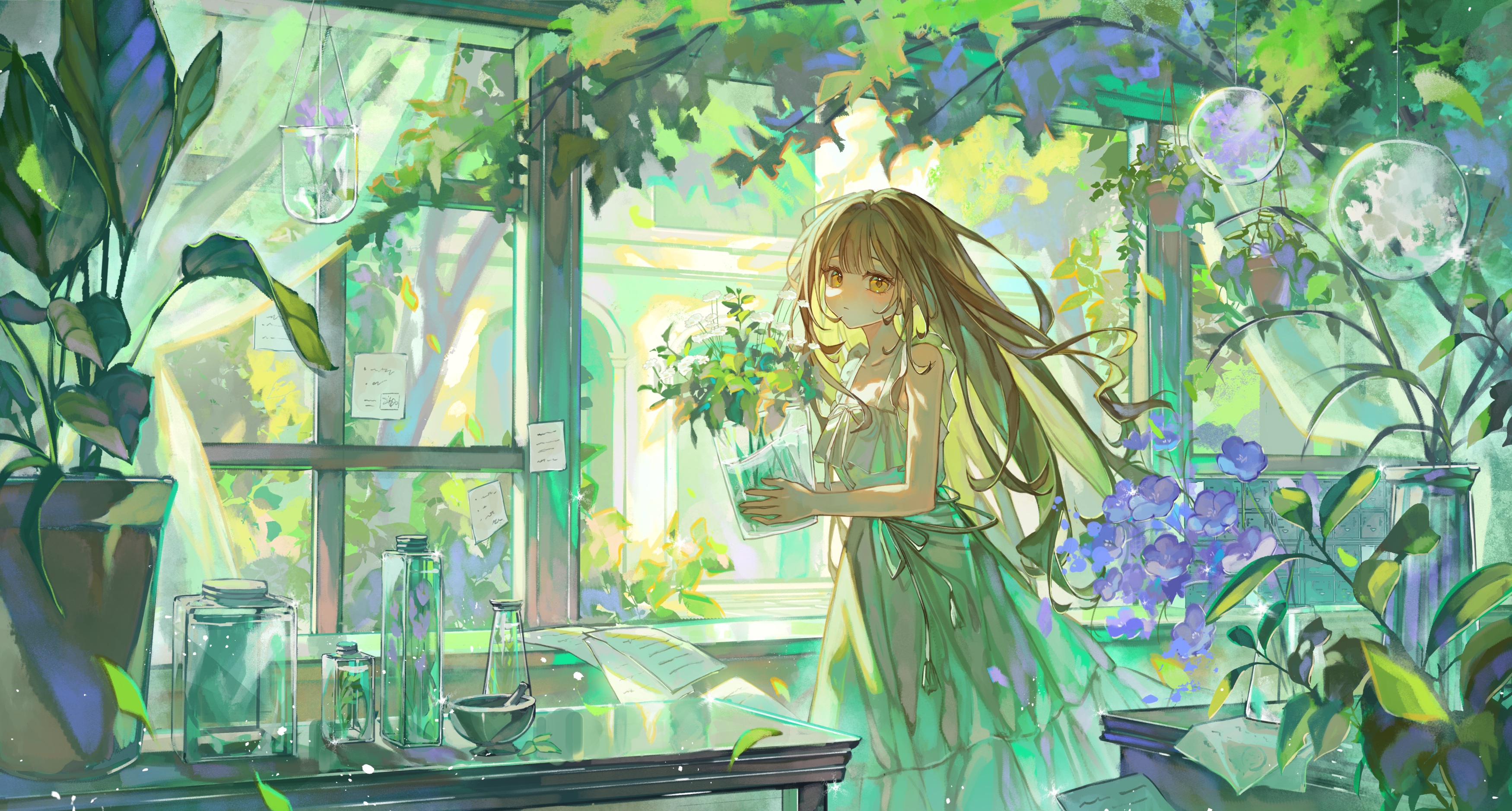 Anime Girl Holding Plants in a Sunlit Greenhouse HD Wallpaper