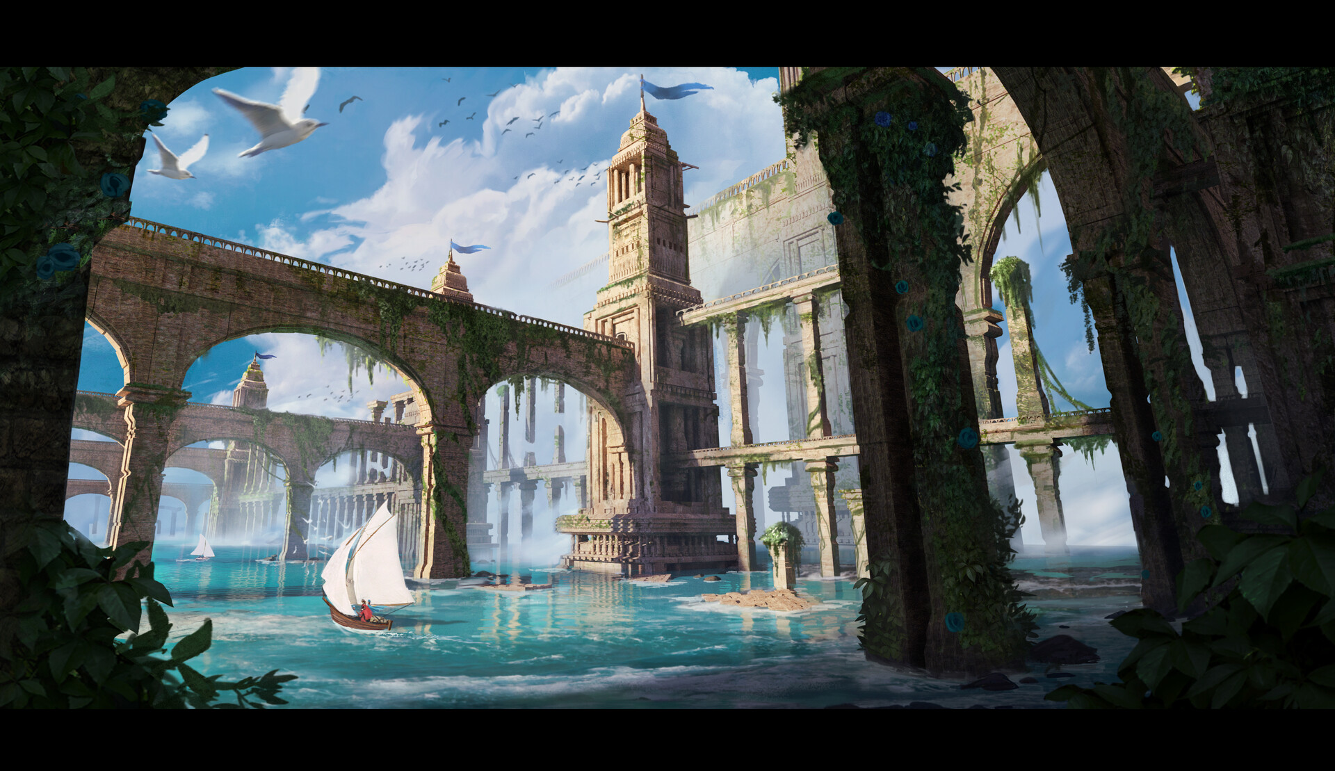 Ancient Overgrown Stone Ruins Over Turquoise Sea HD Wallpaper