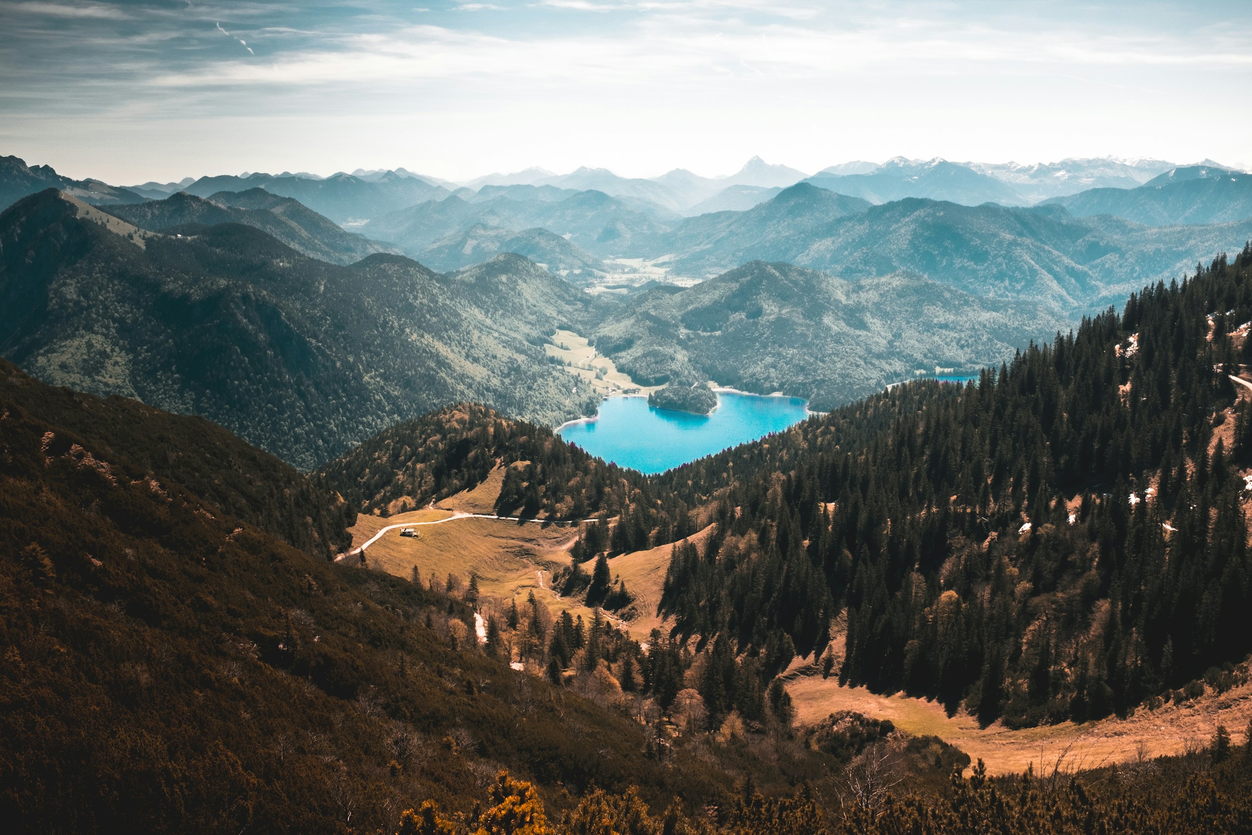 View of Lake Walchen from Herzogstand Mountain in Bavaria HD Wallpaper
