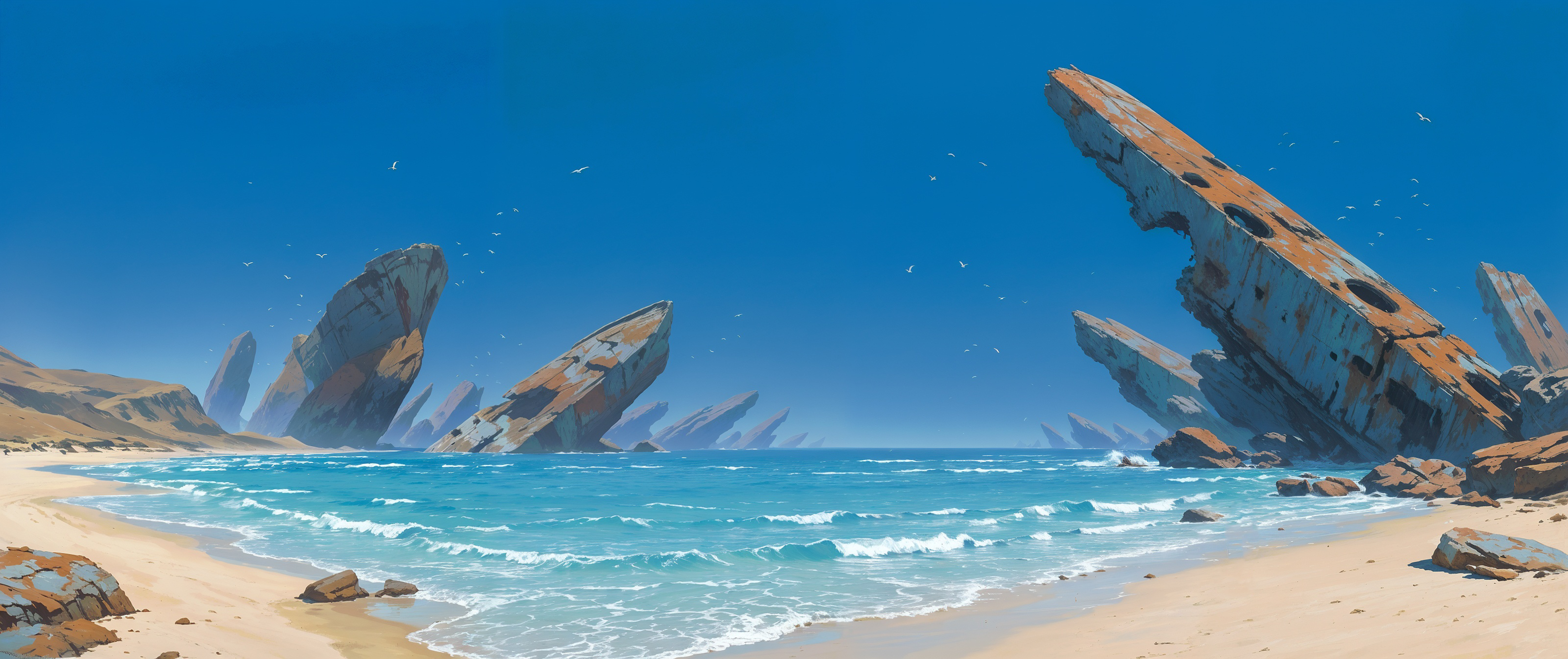 Rusted Sci-Fi Shipwreck Debris on a Sandy Beach HD Wallpaper