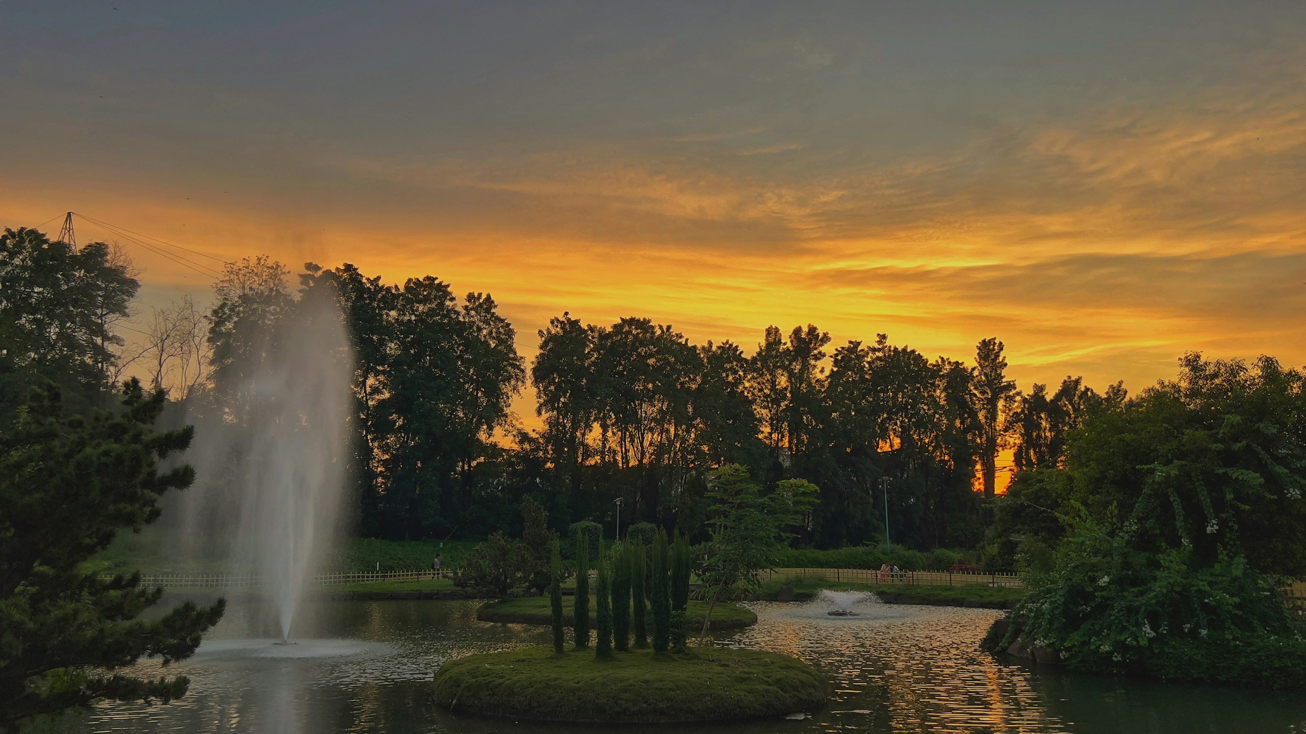 Garden Pond with Fountains at Sunset HD Wallpaper