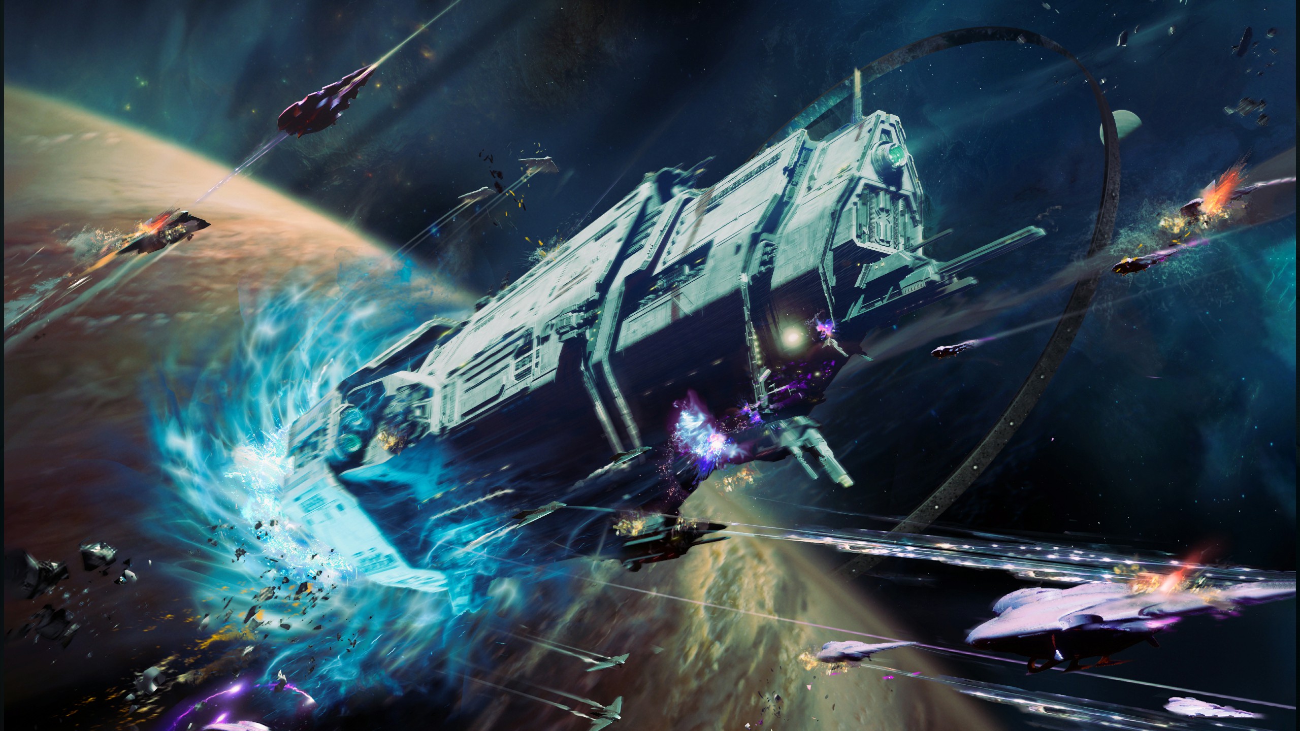 UNSC Warship in Space Battle near Halo Ring HD Wallpaper