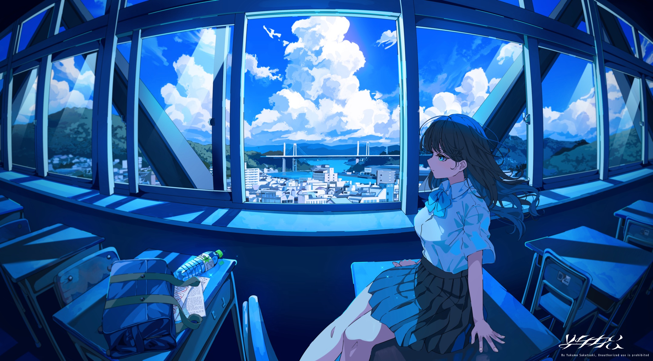 Anime girl sitting on classroom desk looking out window HD Wallpaper