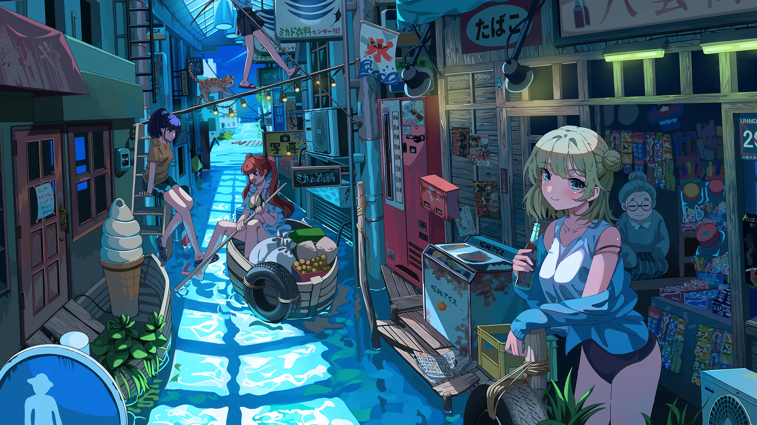 Anime Girls in a Flooded Japanese Alleyway HD Wallpaper