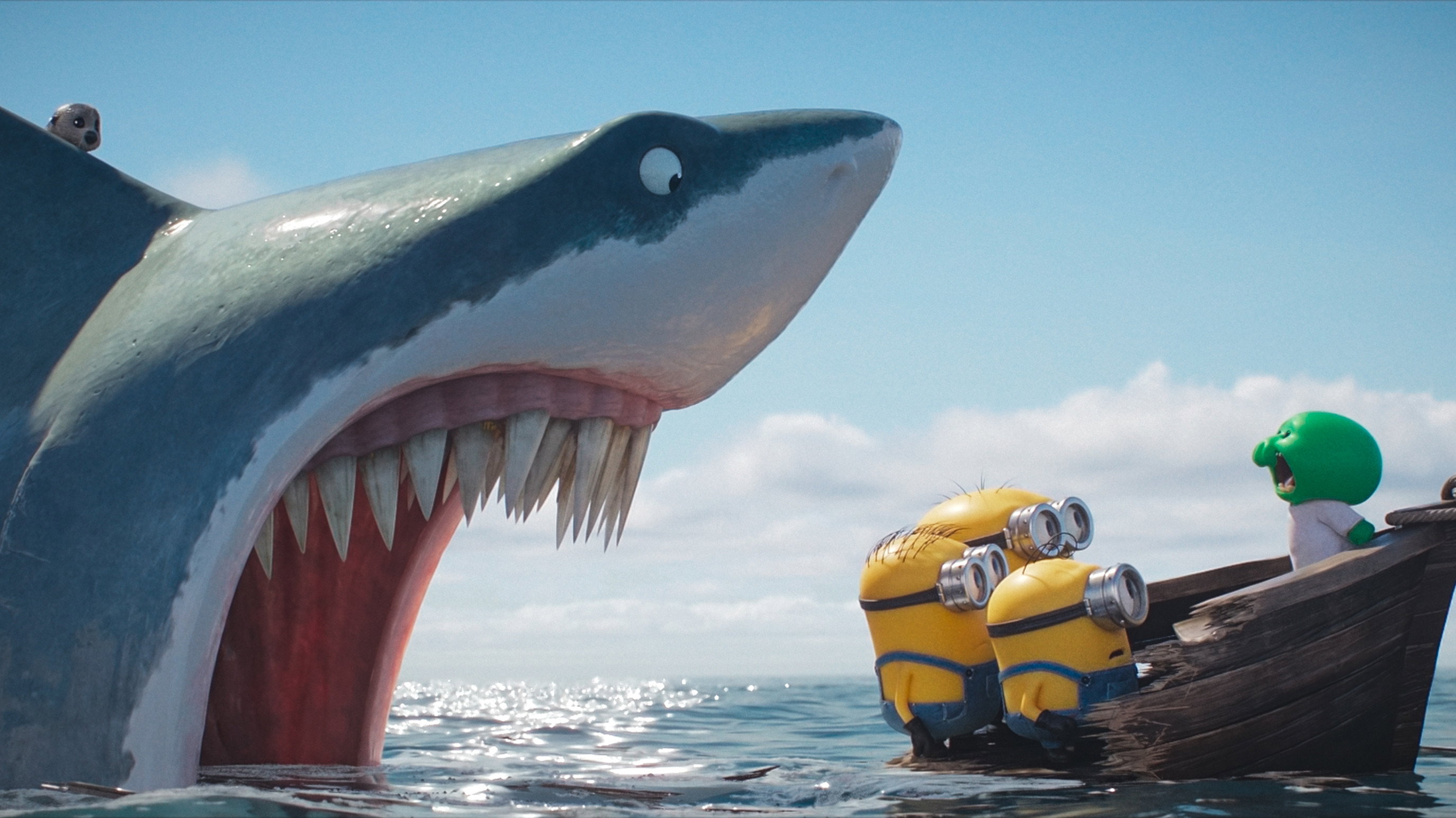 Minions Facing a Giant Shark in Minions & Monsters HD Wallpaper