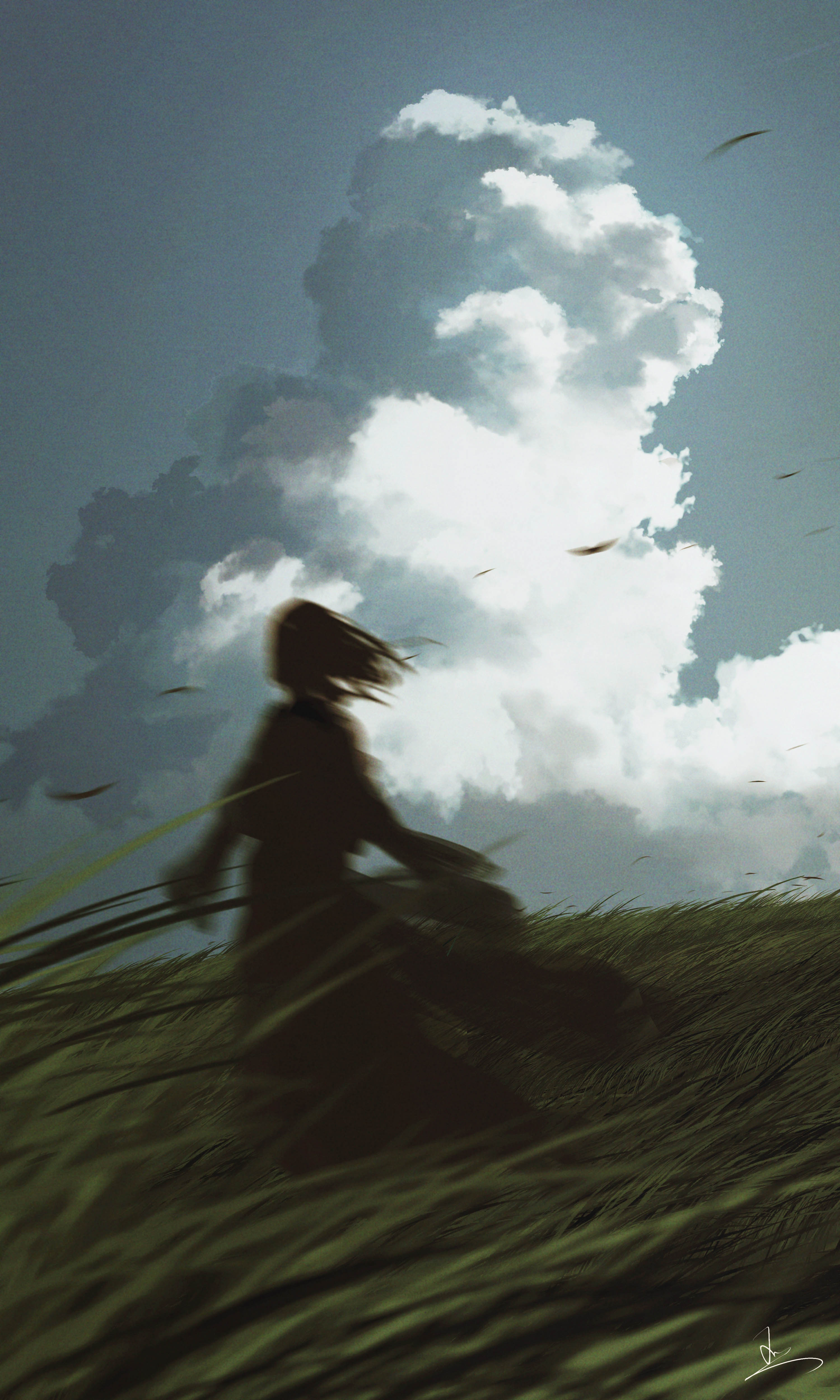 Silhouette of a Girl in a Windy Grassy Field HD Wallpaper